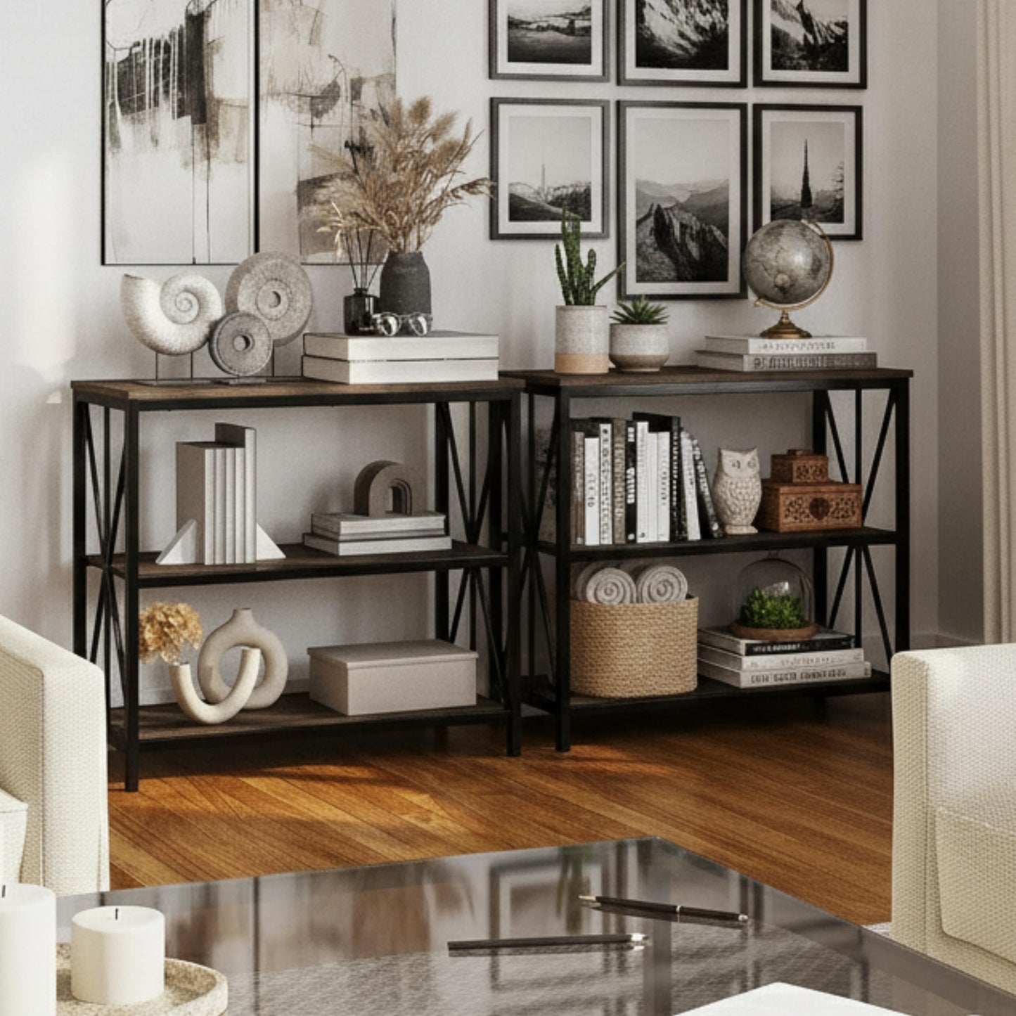 Lavish Home 3-Tier Industrial Bookshelf Set of 2 - Freestanding Open Bookcase for Home or Office Organization and Storage - Book Organizer (Brown Woodgrain)