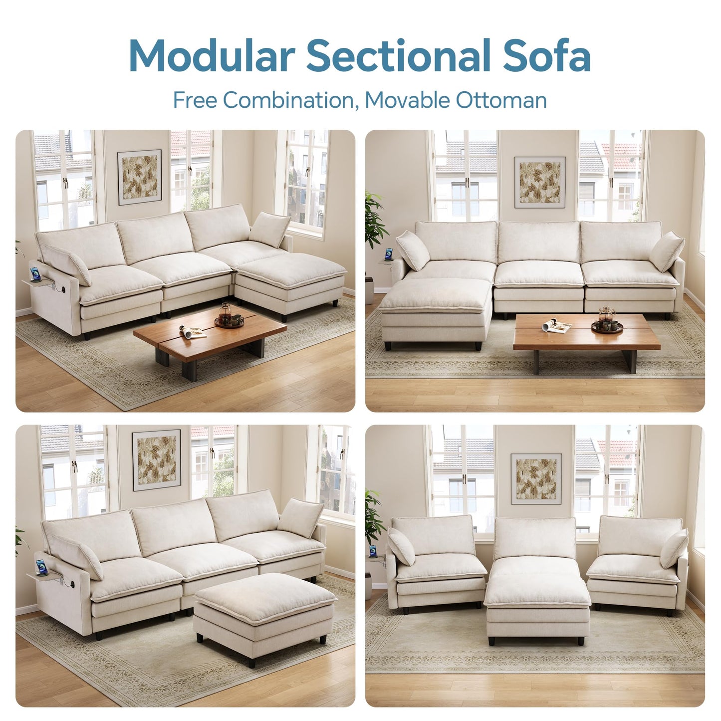 FAVSH 102'' L-Shaped Modular Sectional Sofa, 3-Seater Cloud Couch with Movable Ottoman, Deep Seat Chenille Upholstery, USB & Type-C Charging, Foldable Side Table for Living Room Apartment, Beige