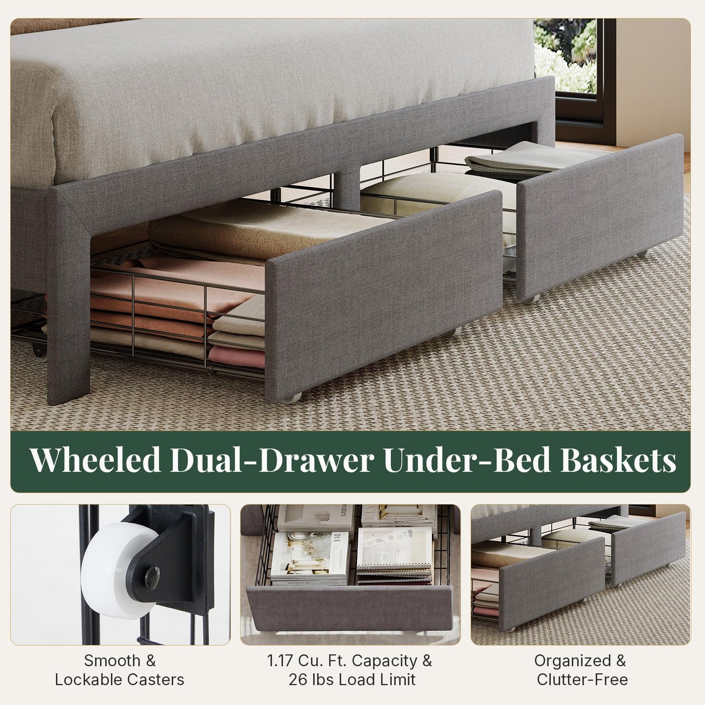 HAPPYMONT Full Size Storage Bed Frame, Square Tufted Headboard, Platform Bed with 2 Underbed Drawers at Foot, Wooden Slats Support, No Box Spring Needed, Dark Gray