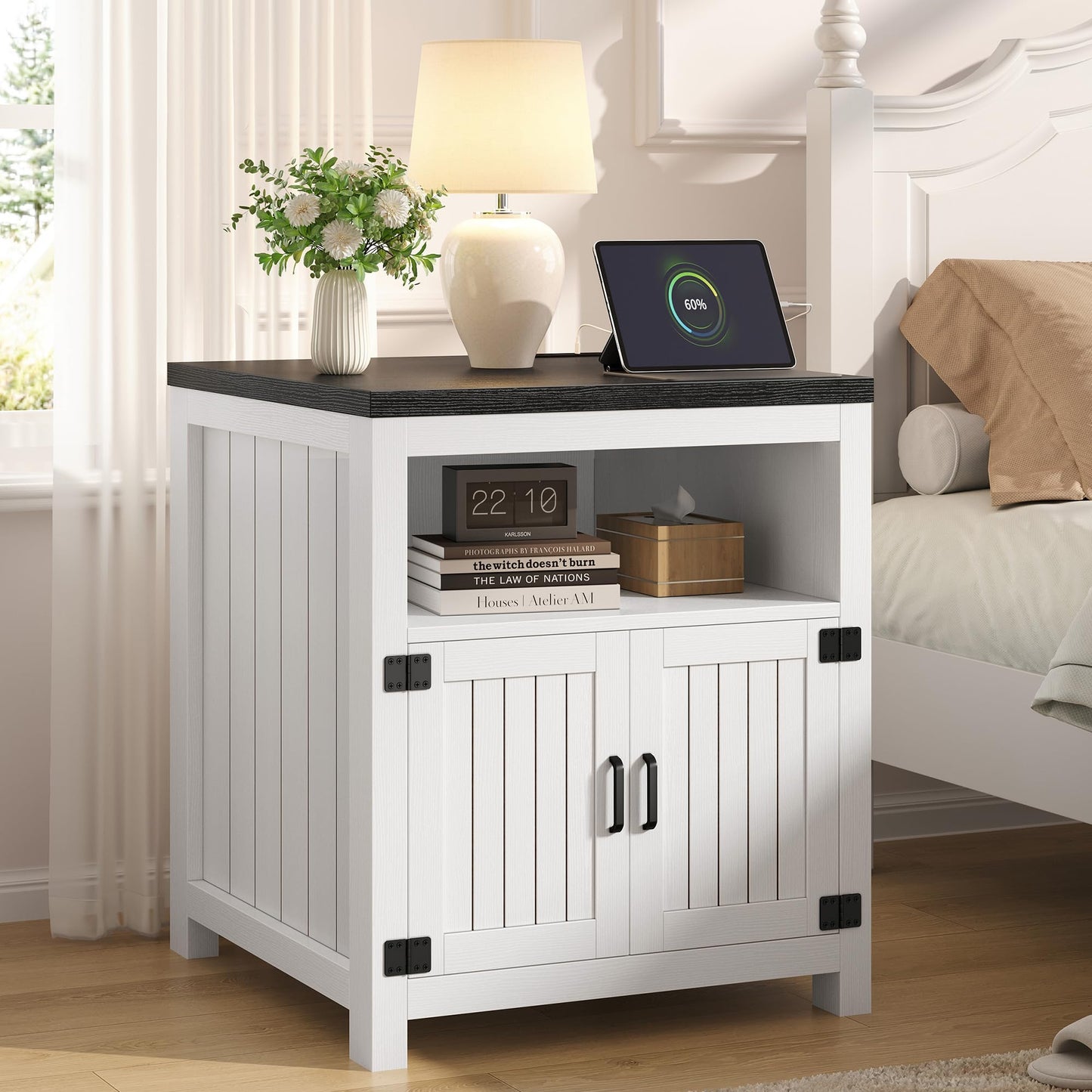 Vividwood Farmhouse End Table Set of 2 with Charging Station, 24" Large Side Table with Open Shelf and Storage Cabinet, Wood Square Bedside Table Nightstand for Living Room, Bedroom (White)