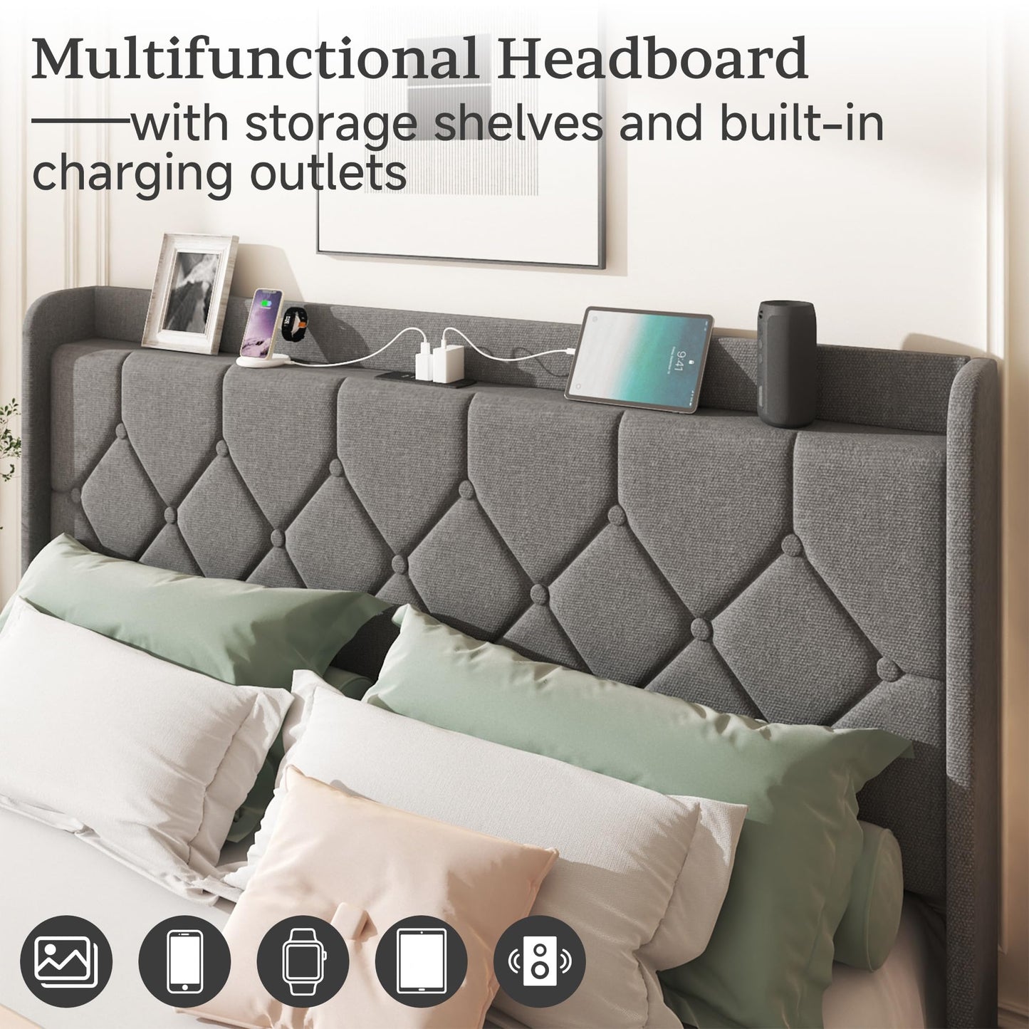 Lcwtvgxr Full Size Bed Frame with Diamond Tufted Linen Headboard & Storage Shelf, Space-Saving Platform Bed with Wood Slats & Sturdy Metal Frames, No Box Spring Needed, Easy Assembly, Gray