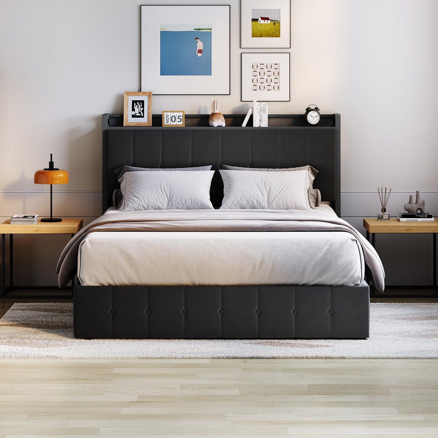 Garvee Full Size Lift Up Storage Bed, Upholstered Velvet Bed Frame with Storage Headboard, Metal Platform Bed, No Box Spring Needed, Solid Wooden Slats, Noise Free, Black
