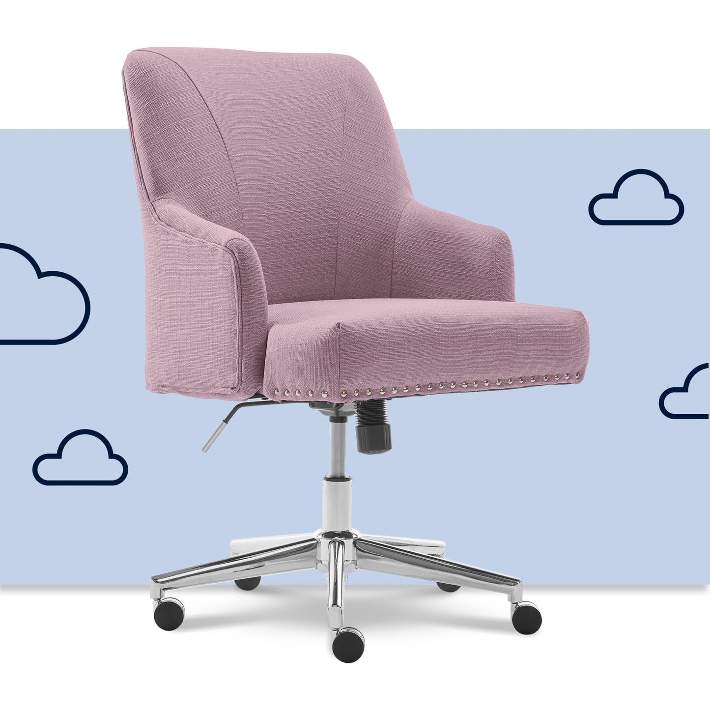 Serta Leighton Home Office Desk Chair, Mid-Back with Chrome Nailheads, Memory Foam Cushion and Padded Arms, Modern Makeup Vanity Armchair with Wheels, Swivel Base, Bonded Leather, Lilac Purple
