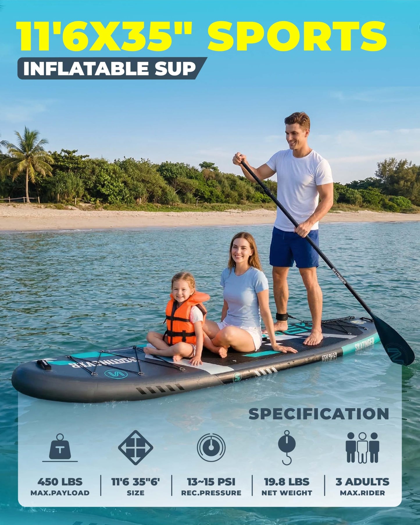 Skatinger 11'6×35" Super Wide Inflatable Paddle Board, Ultra Stable Stand Up Paddleboards for 450lb/3 People/Family/Big Size w/Shoulder Strap, 100L Backpack, All-Round Sup Board, US Fin