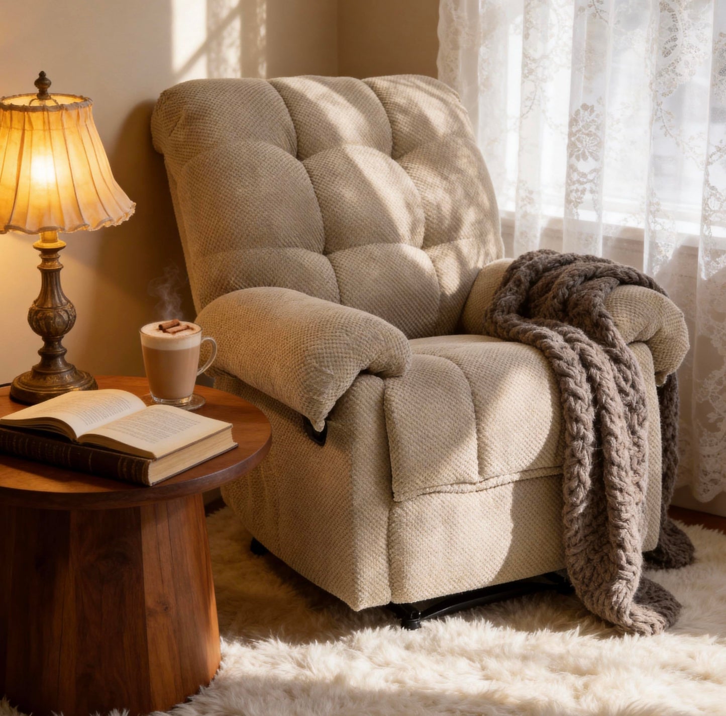 KEIKI Recliner Chair, Nursery Rocker Reclining Chair with Side Pocket, Upholstered Single Sofa for Living Room, Bedroom, Nursing, Reading, Camel