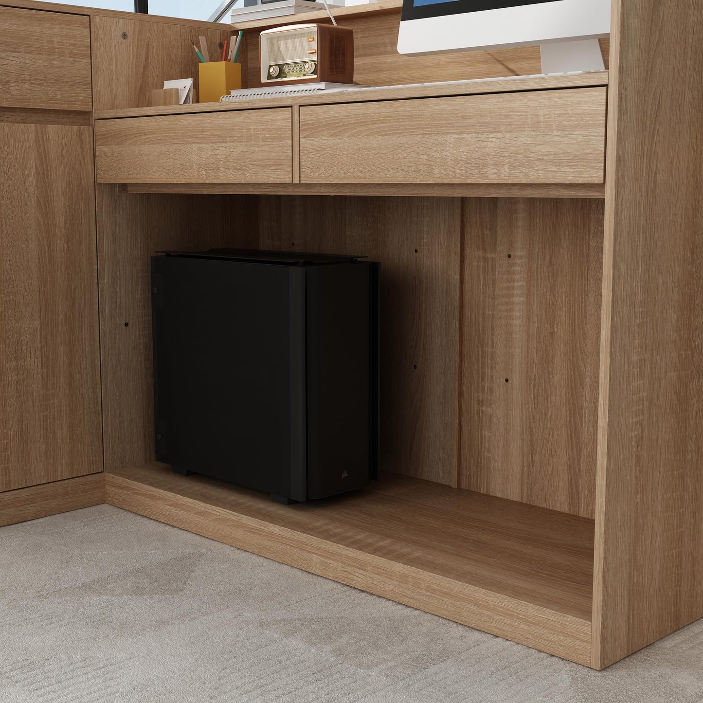 AIEGLE Reception Desk with Counter, 70.9" W Modern Retail Checkout Counter w/Drawers & Open Shelves, L-Shaped Oak Front Desk Reception Table with Storage Cabinet for Salon, Lobby, Office