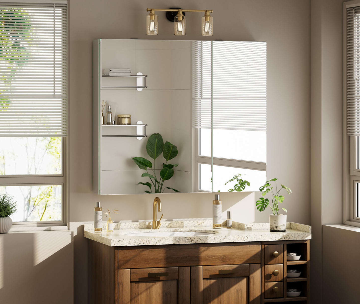 VETROVUE Bathroom Medicine Cabinet with Mirror, 30 Inch x 26 Inch Bathroom Mirror Cabinet with Double Door & Adjustable Shelves, Surface Mount or Recess Installation