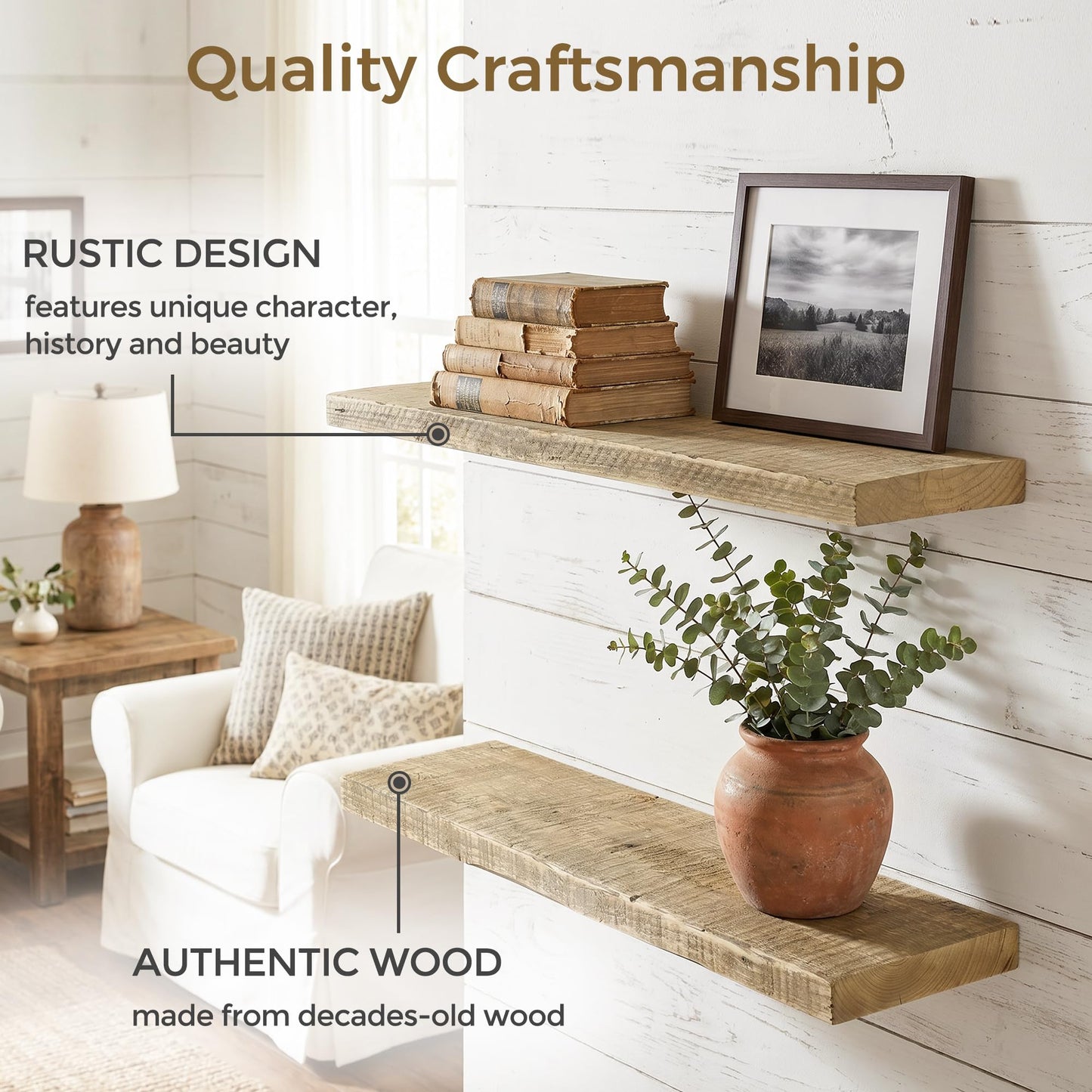 Axeman 72 Inch Rustic Wooden Floating Shelves for Wall|Solid Reclaimed Wood Wall Mounted Shelves with Invisible Brackets for Books Bathroom Kitchen Storage|8 Inch Deep|1 Pack, Natural