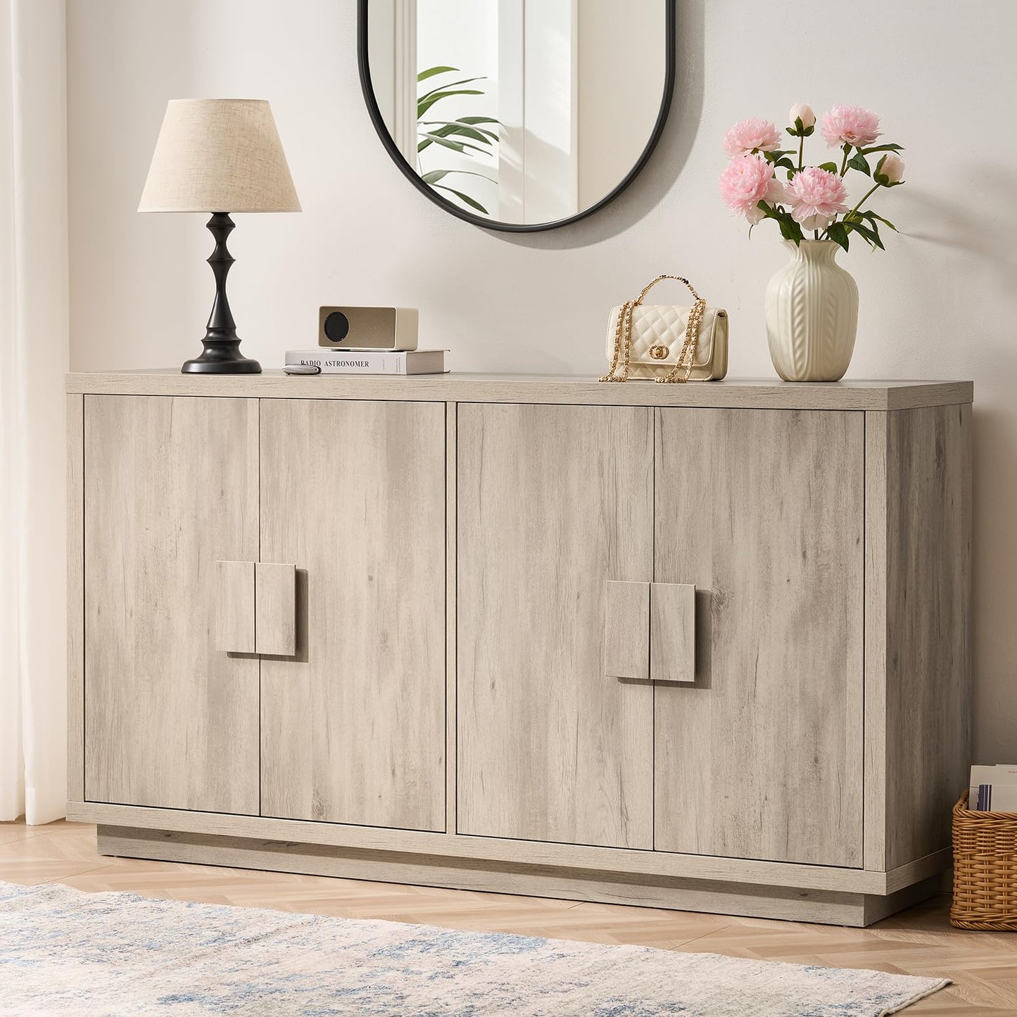 ONBRILL Buffet Cabinet with Storage, 63" Sideboard Cabinet with 4 Doors & Shelves, Wooden Kitchen Coffee Bar Credenza Storage for Living Room, Hallway (63" Wide), Light Grey