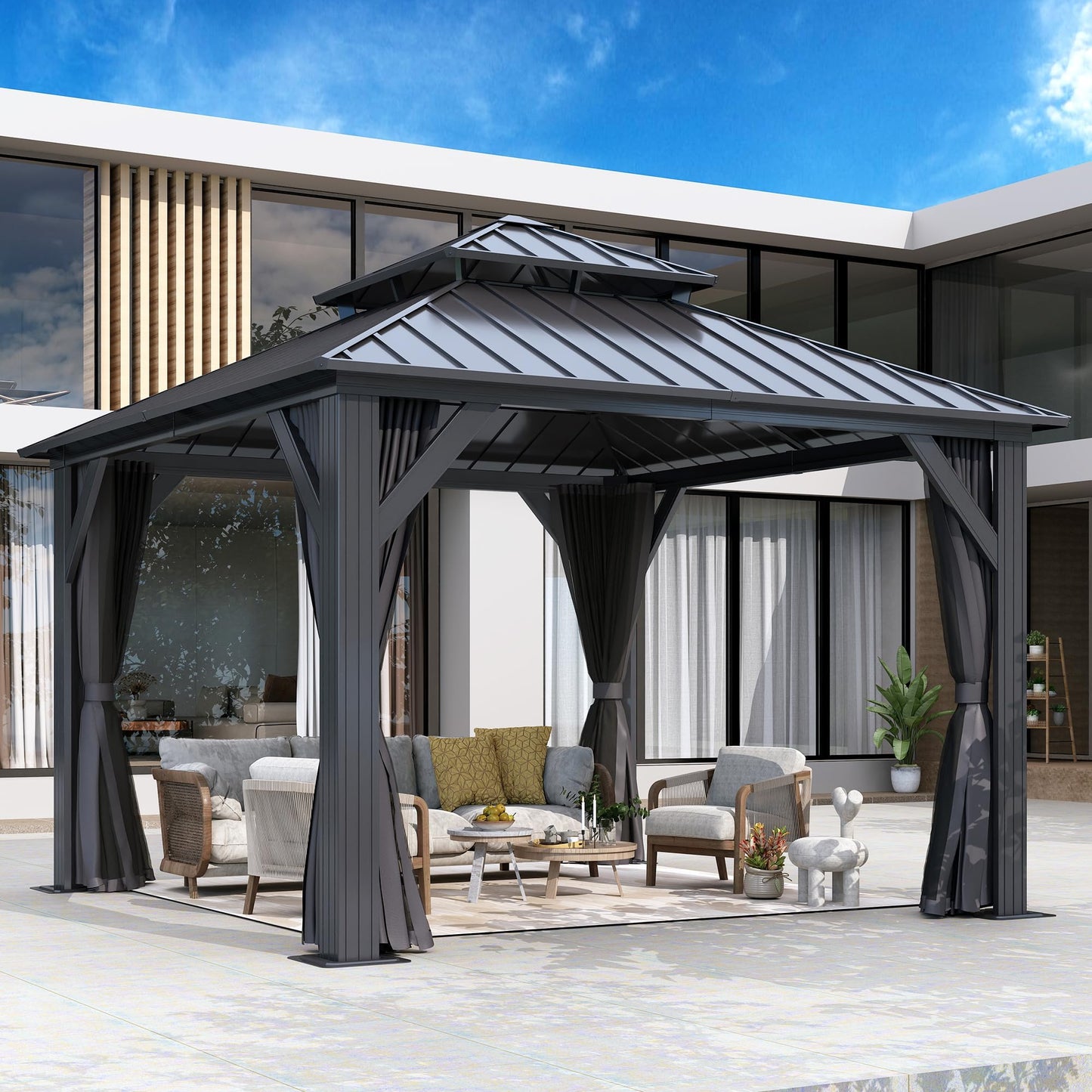 GARTOO 12'x12' Outdoor Hardtop Gazebo with Double Roof - Heavy-Duty Galvanized Steel Top Aluminum Frame Gazebo with Breathable Netting & Privacy Curtain for Patio, Porch, Garden, Lawn, Deck, Backyard