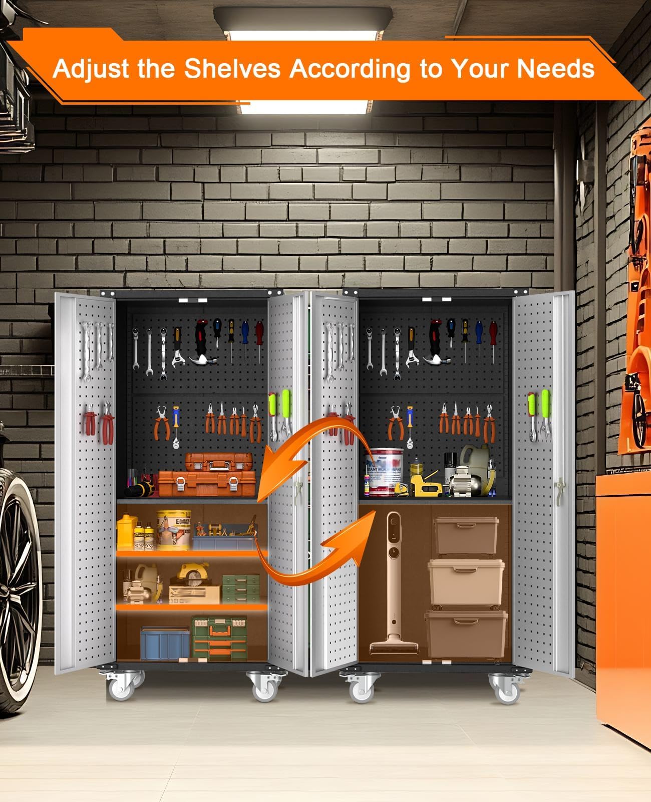 Garvee Cabinet Metal Storage Cabinet with Wheels, Heavy Duty Steel Rolling Organizer with Lockable Doors, Adjustable Shelves, Utility Garage Cabinet for Home, Office, Workshop, Laundry Room, Kitchen