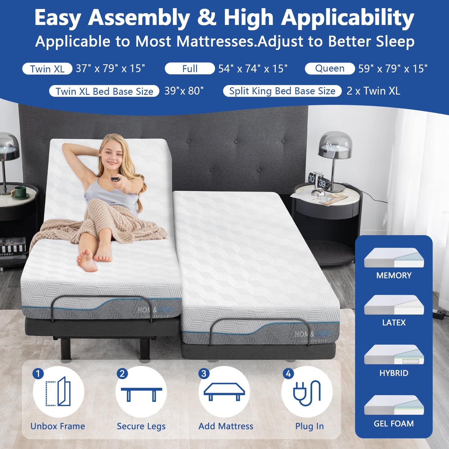 Queen Adjustable Bed Base with Mattress, 14 Inch Gel Memory Foam Two-Side Medium-Firm/Firm Mattress in Box, Updated Adjustable Bed Frame with Thickened Foam Frame, Wireless Remote, Electric Smart Bed