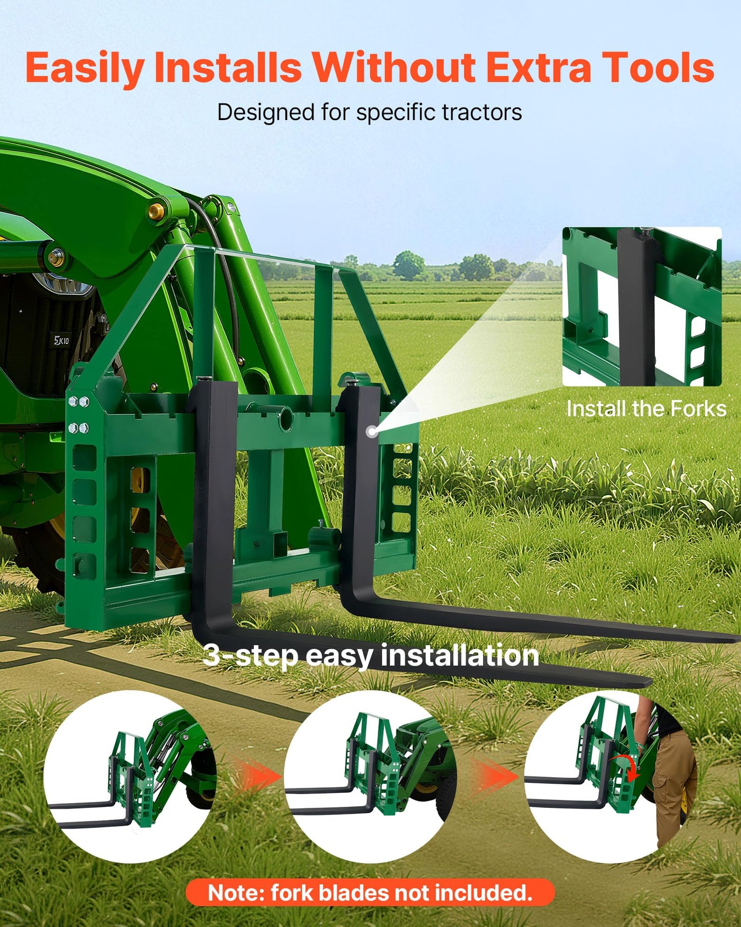 VEVOR Skid Steer Pallet Frame, 4000 lbs Rated Load Capacity, 50-inch Pallet Fork Frame Attachments with 2-inch Hitch Receiver & Spear Sleeves, Fit for John Deere Loaders Quick Attach Mount, Frame Only