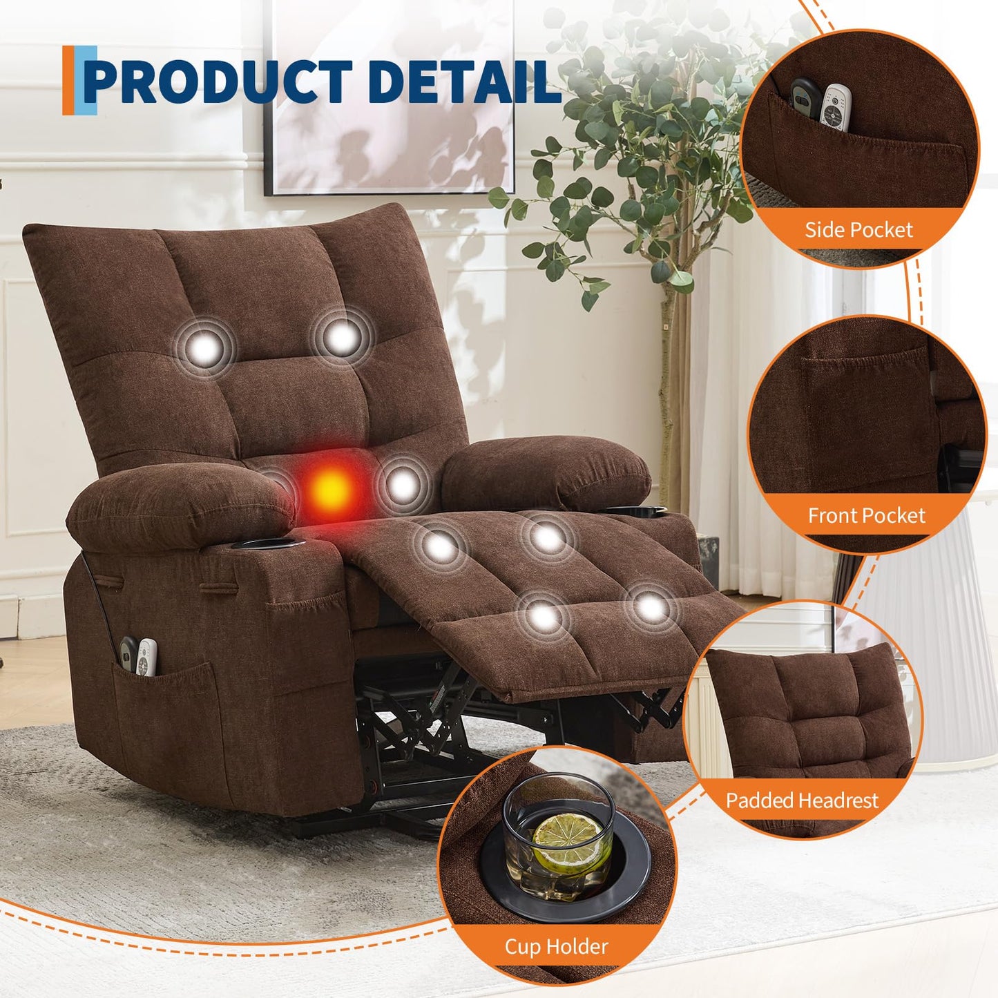 Power Lift Recliner Chair for Elderly - Electric Massage & Heat Recliner with 45° Assist Stand, Oversized Living Room Sofa with Soft Padded Upholstery, Side Pocket & Cup Holders for Living Room