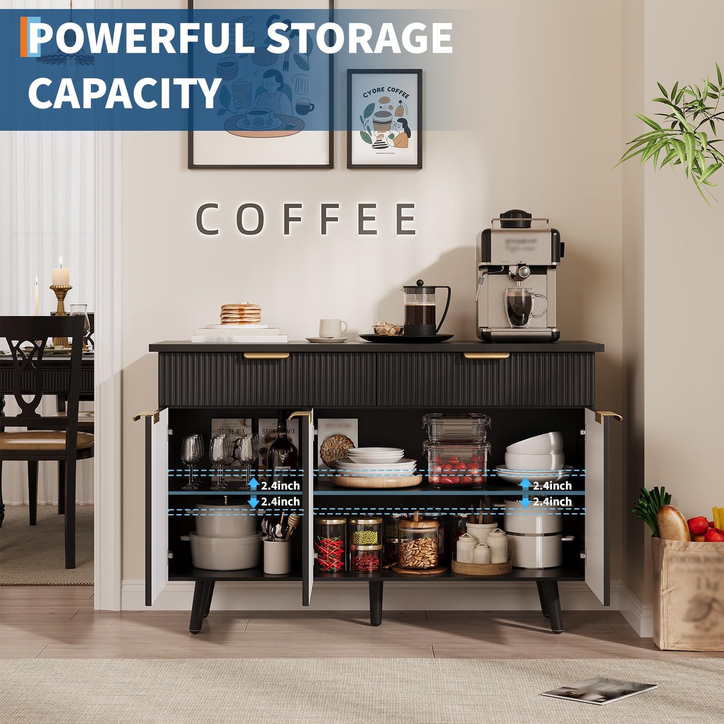 IDEALHOUSE 47" Buffet Sideboard with Storage and Adjustable Shelves, Modern Fluted Kitchen Storage Cabinet, 2 Drawers, 3 Doors, Wood Coffee Bar Cabinet Buffet Table for Kitchen, Dining Room- Black