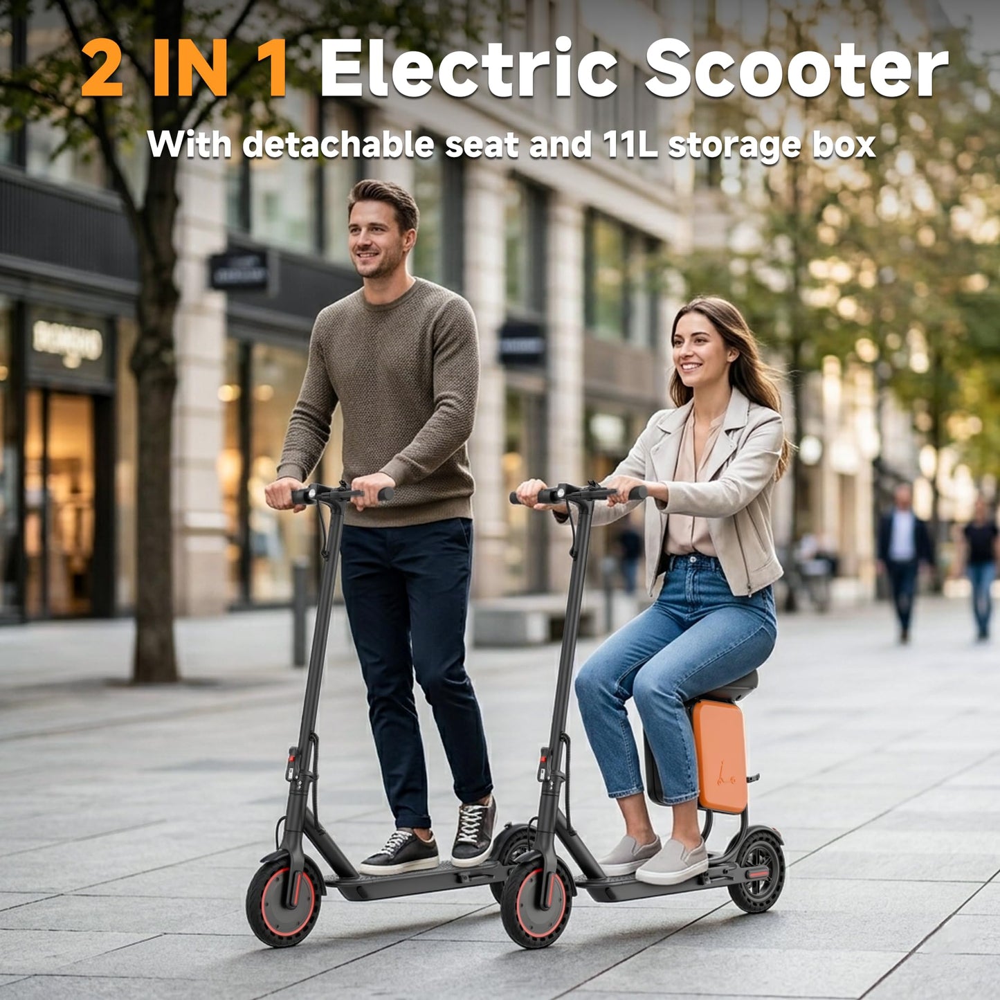 Qlaway Electric Scooter with Seat for Adults, 8.5'' Solid Tires, 19MPH, 350W Powerful Motor, 15Miles Long Range, Foldable & Portable Commuter Escooter with Dual Braking System, APP Control - Black