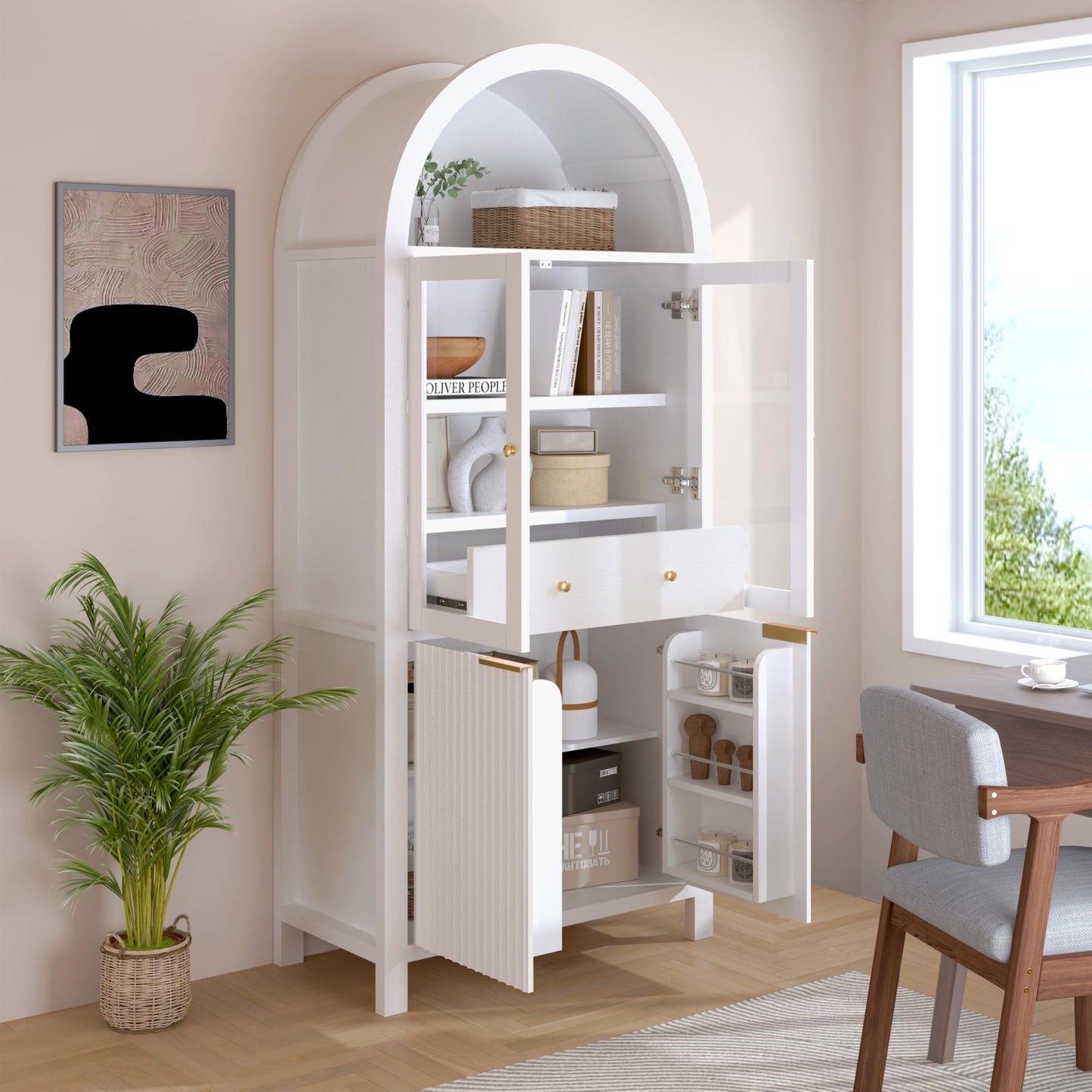 KEIKI 71" Tall Arched Kitchen Pantry Cabinet with Glass Door,Hidden Drawer,Farmhouse Storage with Adjustable Shelves Design for Kitchen,Living & Dining Room