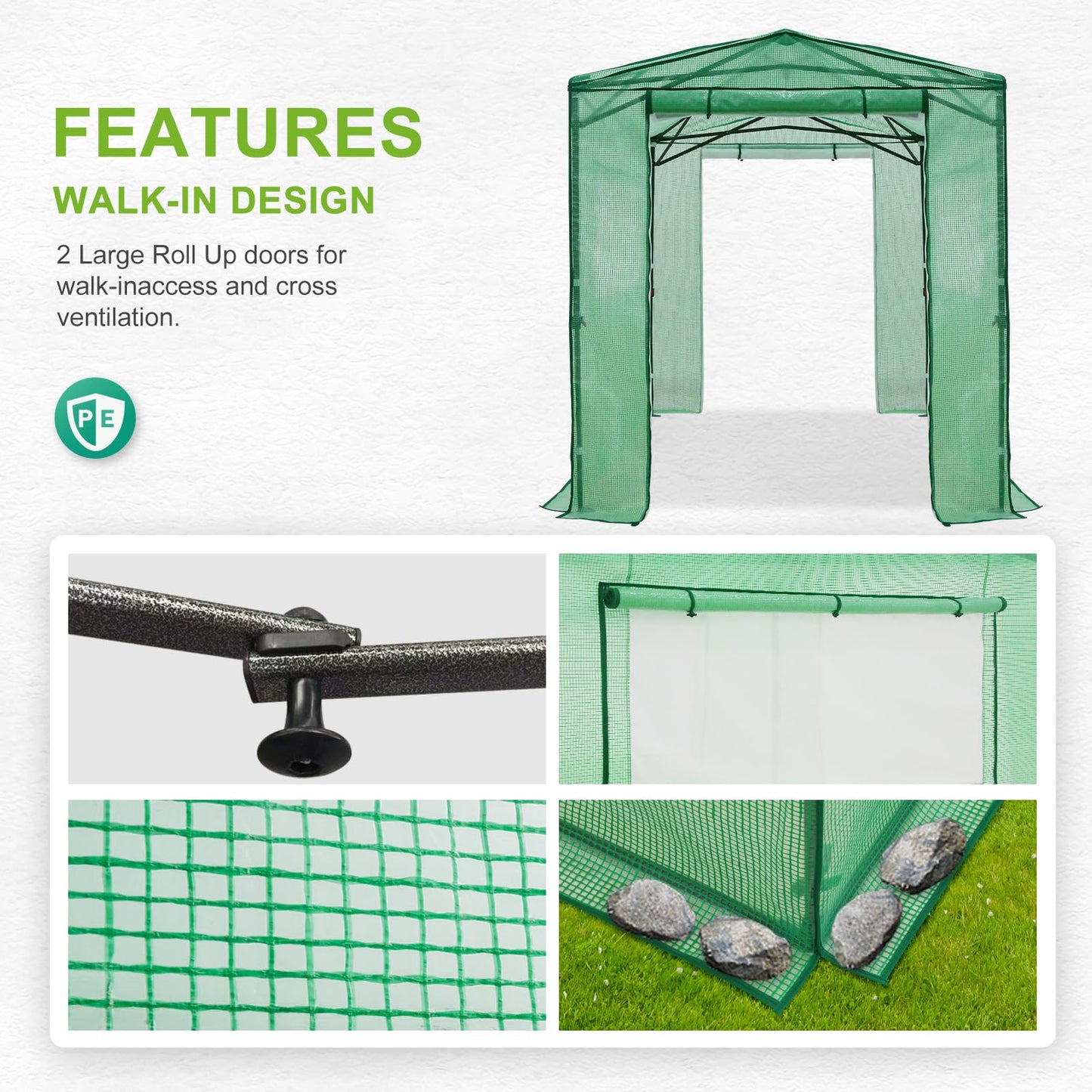EAGLE PEAK 8x6 Portable Walk in Greenhouse, Pop Up Indoor Outdoor Greenhouse, Green House Kit with Zippered Roll-Up Doors and Windows + Mesh Lined Door, PE Cover, Clear/Green