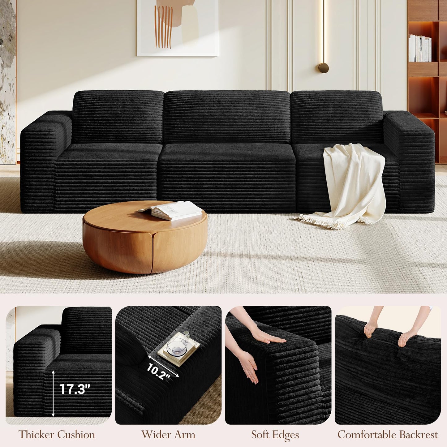 119" Modular Sofa Set, Corduroy Cloud Sectional Couch with Extra Deep Seating & Reinforced Spring System, Compact 3-Seater Boneless Sofa for Living Room & Apartment Spaces, Tool-Free Setup, Black