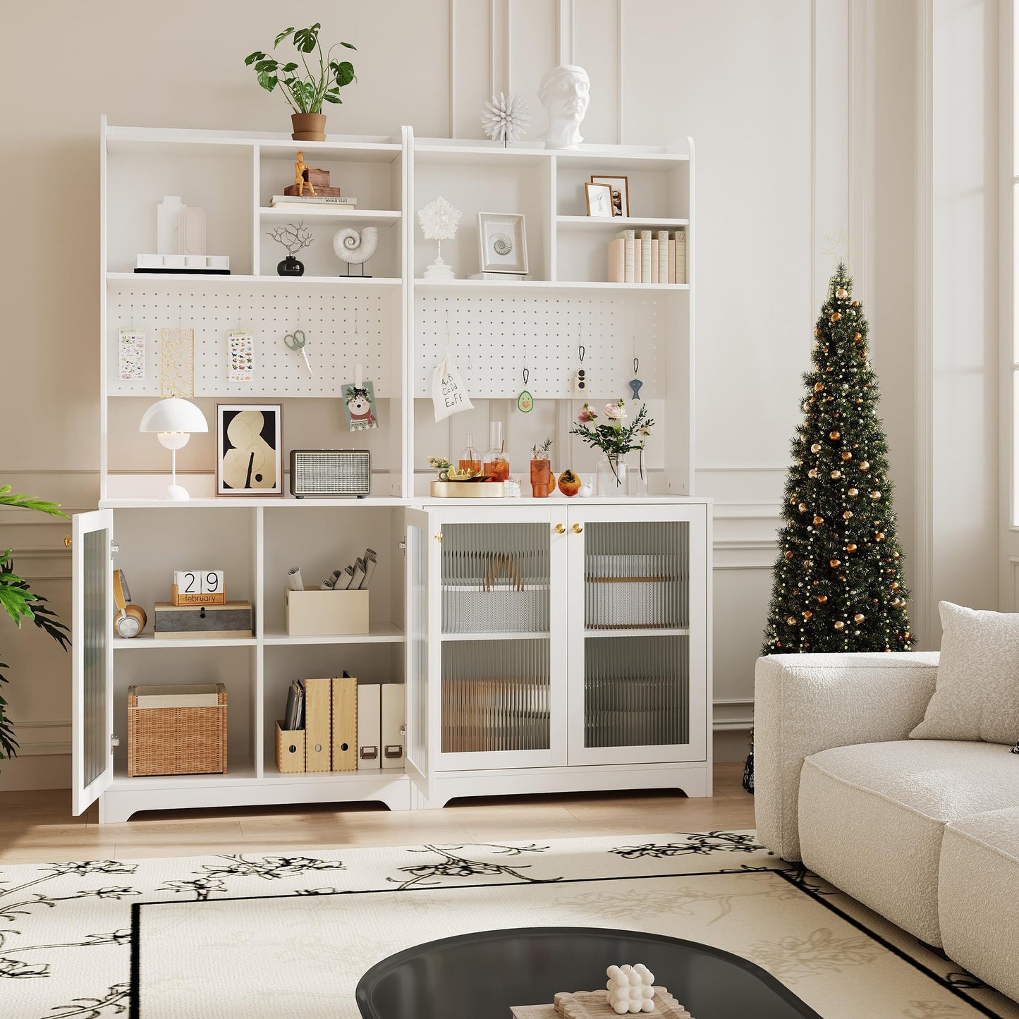 71" Tall Pantry Cabinet with 2 Glass Doors, Freestanding Kitchen Storage Cabinet with Open Storage & Adjustable Shelves, Modern Farmhouse Cupboard Coffee Bar for Dining Room, Living Room, White