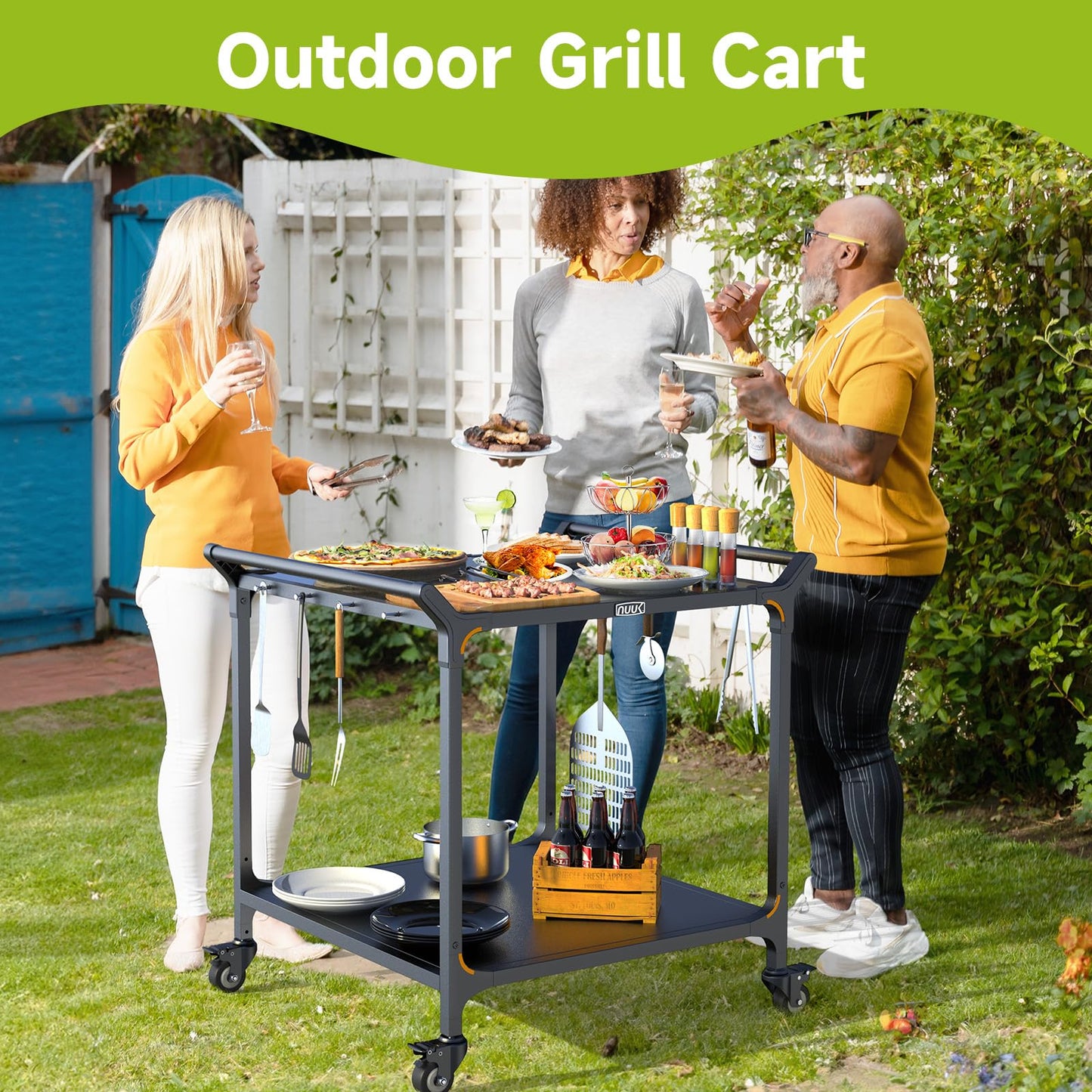 NUUK Outdoor Grill Cart on Wheel 32" x 32", Stainless Steel Pizza Oven Table with Double-Shelf, Rolling Countertop Kitchen Food Prep Cart for Backyard, Garden, Restaurant