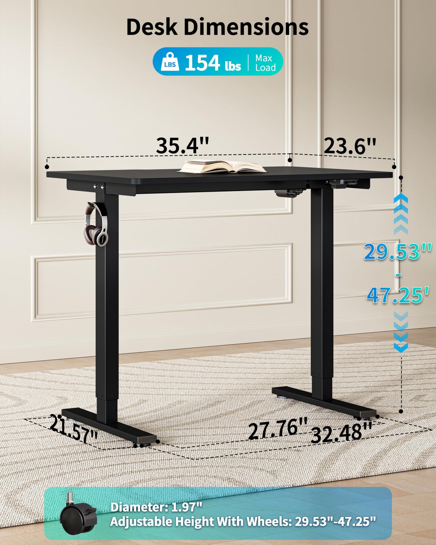 BIZUM 35.4" Small Electric Standing Desk Height Adjustable, Whole Piece Stand Up Computer Desk Work Study Writing Gaming Desks for Home Office Black