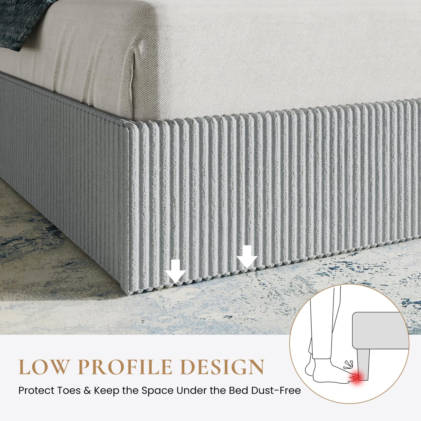 SHA CERLIN Queen Bed Frame, Corduroy Upholstered Platform Bed, Adjustable Vertical Channel Tufted Headboard, Modern Low Profile Frame, No Box Spring Needed, Easy Assembly, Light Grey