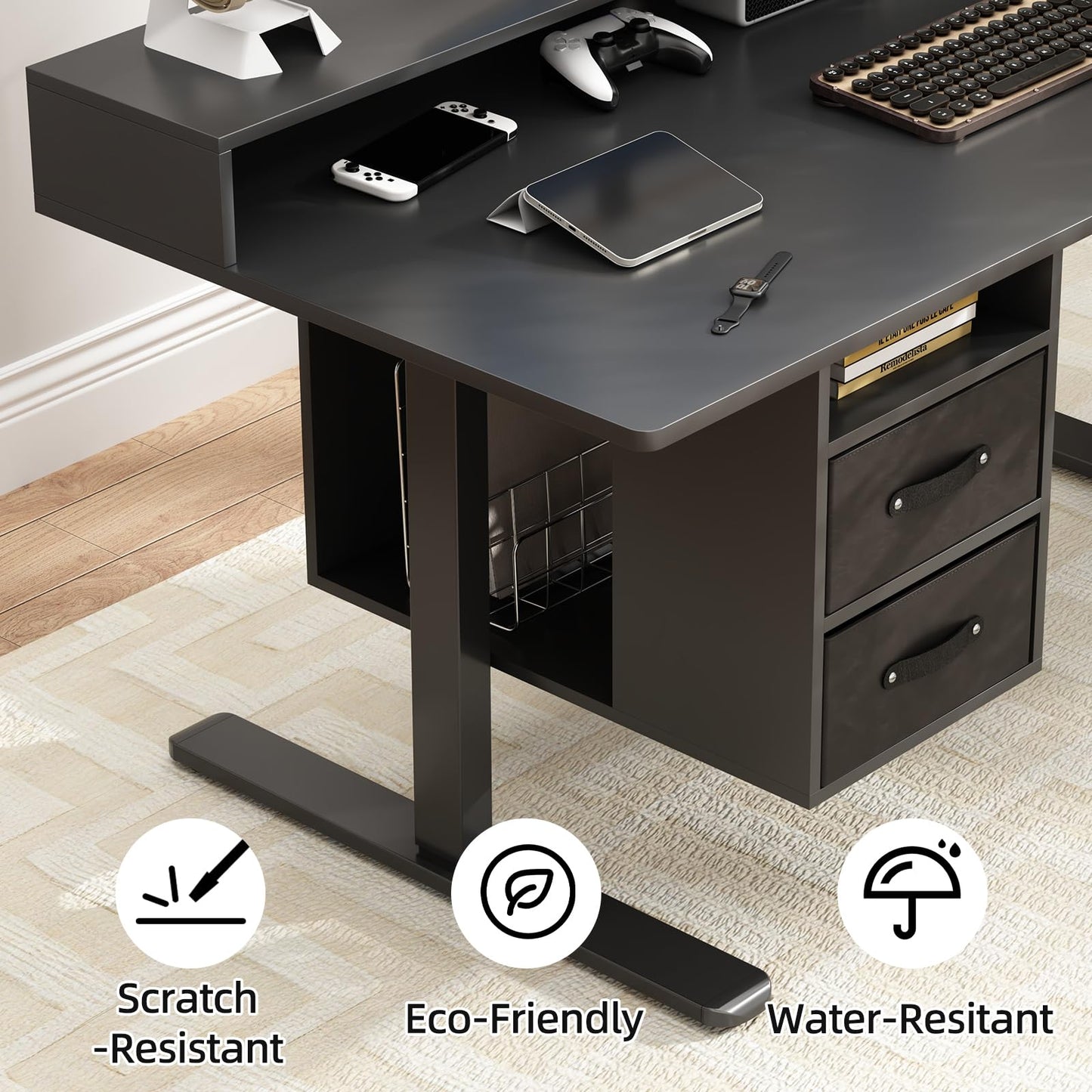 63x24 Inches Standing Desk with Drawers, Electric Computer Desk with Open Storage Shelf, Stand Up Desk, Adjustable Height 28-46 Inches for Home and Computer Workstation, Black