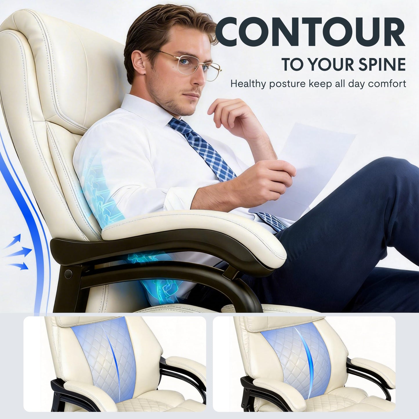 FLEXISPOT 500lbs Big and Tall Office Chair for Heavy People, Heavy Duty Computer Chair with Stable Arms Adjustable Lumbar Support Metal Base, Desk Chairs for Home Office Gaming Working, Leather, Beige