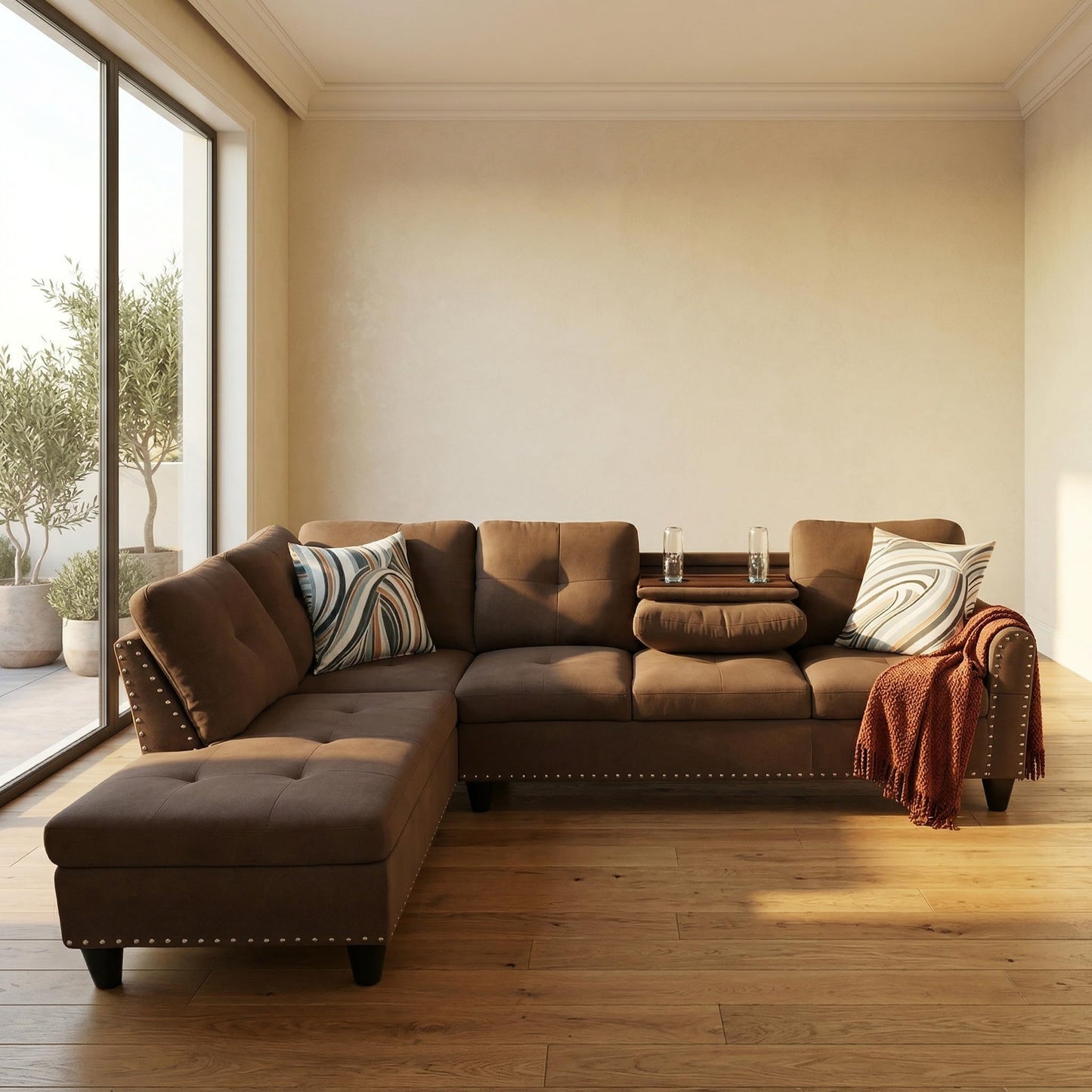Trygoal L-Shaped Sectional Sofa, Modern 4-Seat Couch with Built-in Cup Holders, Upholstered Fabric Sectional Couch with Left Facing Chaise for Living Room, Apartment, Office, Brown