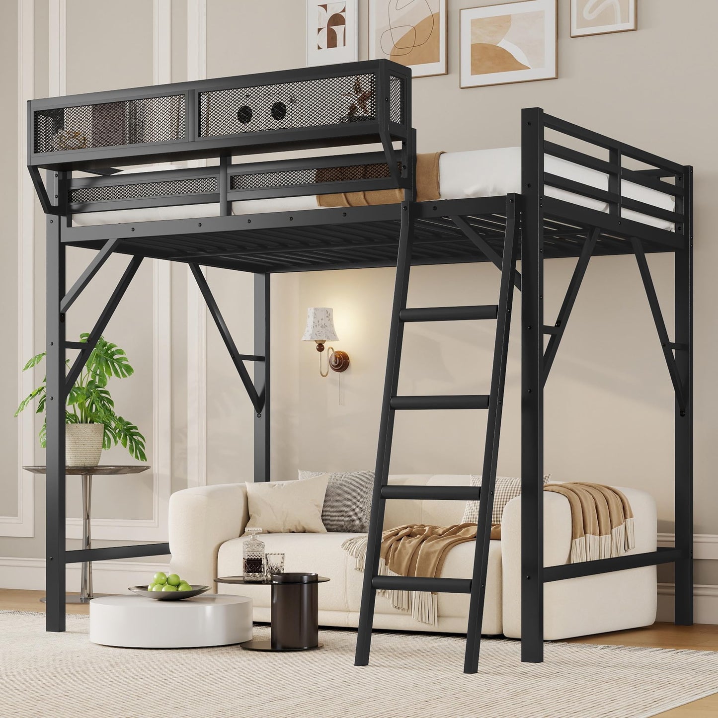 KEIKI Full Size Metal Loft Bed Frame with Ladder and Built-in Storage Shelves, for Teens, Modern Style Loft Bed with Solid Slats, Guardrail, No Box Spring Required, Easy Assembly, for Bedroom, Black