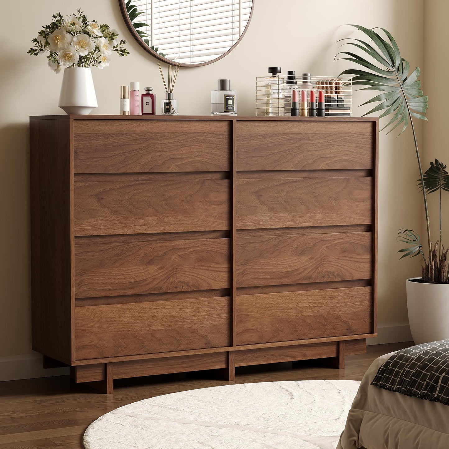 SINROM Walnut Dresser for Bedroom, 53.1" Wide 8 Drawer Dresser, Mid Century Modern Dressers Chest of Drawers, Wooden Large Dressers for Bedroom, Closet