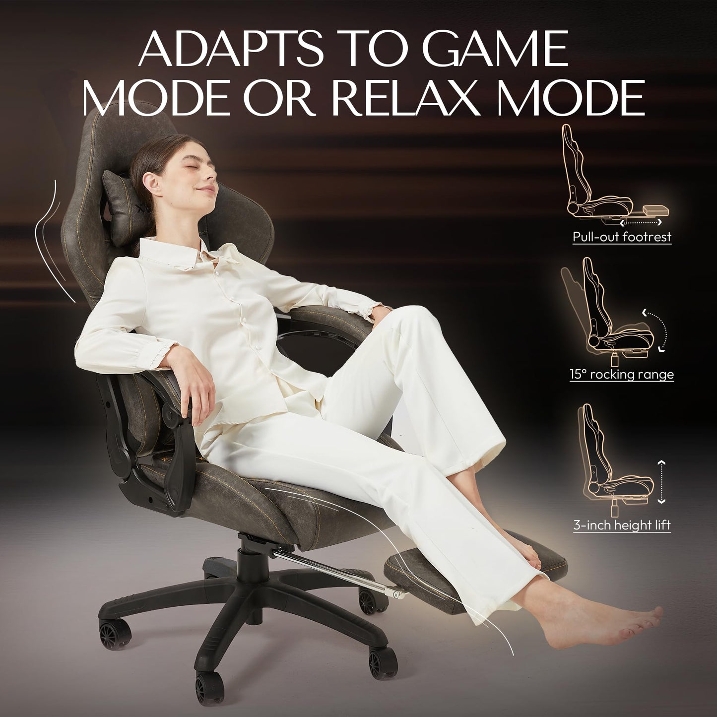 Dowinx Gaming Chair Big and Tall, Ergonomic PC Gaming Chair with Footrest & Massage, Racing Style Reclining Computer Chair for Adults, 400LBS Capacity - Heavy Duty Gamer Chair (Brown)