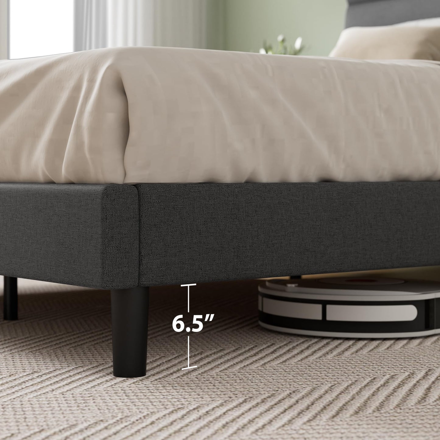 Zinus Queen Piper Upholstered Platform Bed with Horizontal Paneled Headboard, Wooden Slat Support, No Box Spring Needed, Easy Assembly, Eco Friendly Packaging, Dark Grey