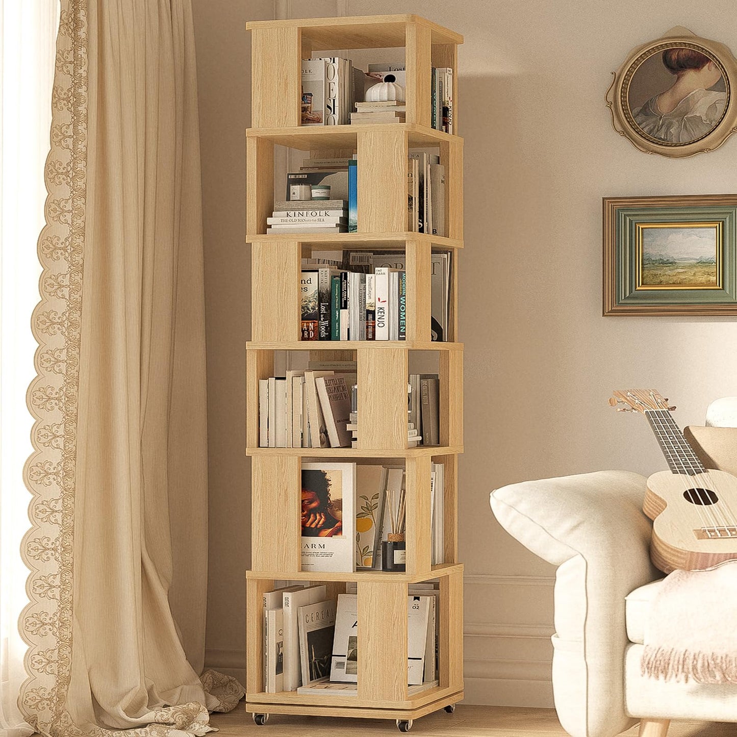 6 Tier Solid Wood Rotating Bookshelf Tower on Wheels, 360° Upgrade Spinning Book Shelf, Revolving Bookcase Organizer, Swivel Bookshelves for Small Spaces, Bedroom, Kids Room, Office (Light Wood)
