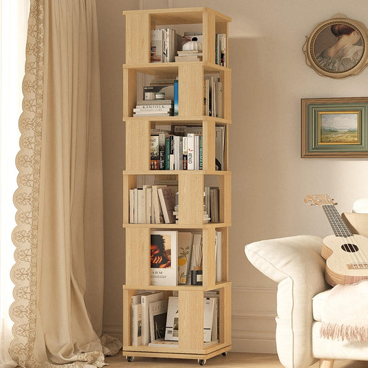 6 Tier Solid Wood Rotating Bookshelf Tower on Wheels, 360° Upgrade Spinning Book Shelf, Revolving Bookcase Organizer, Swivel Bookshelves for Small Spaces, Bedroom, Kids Room, Office (Light Wood)