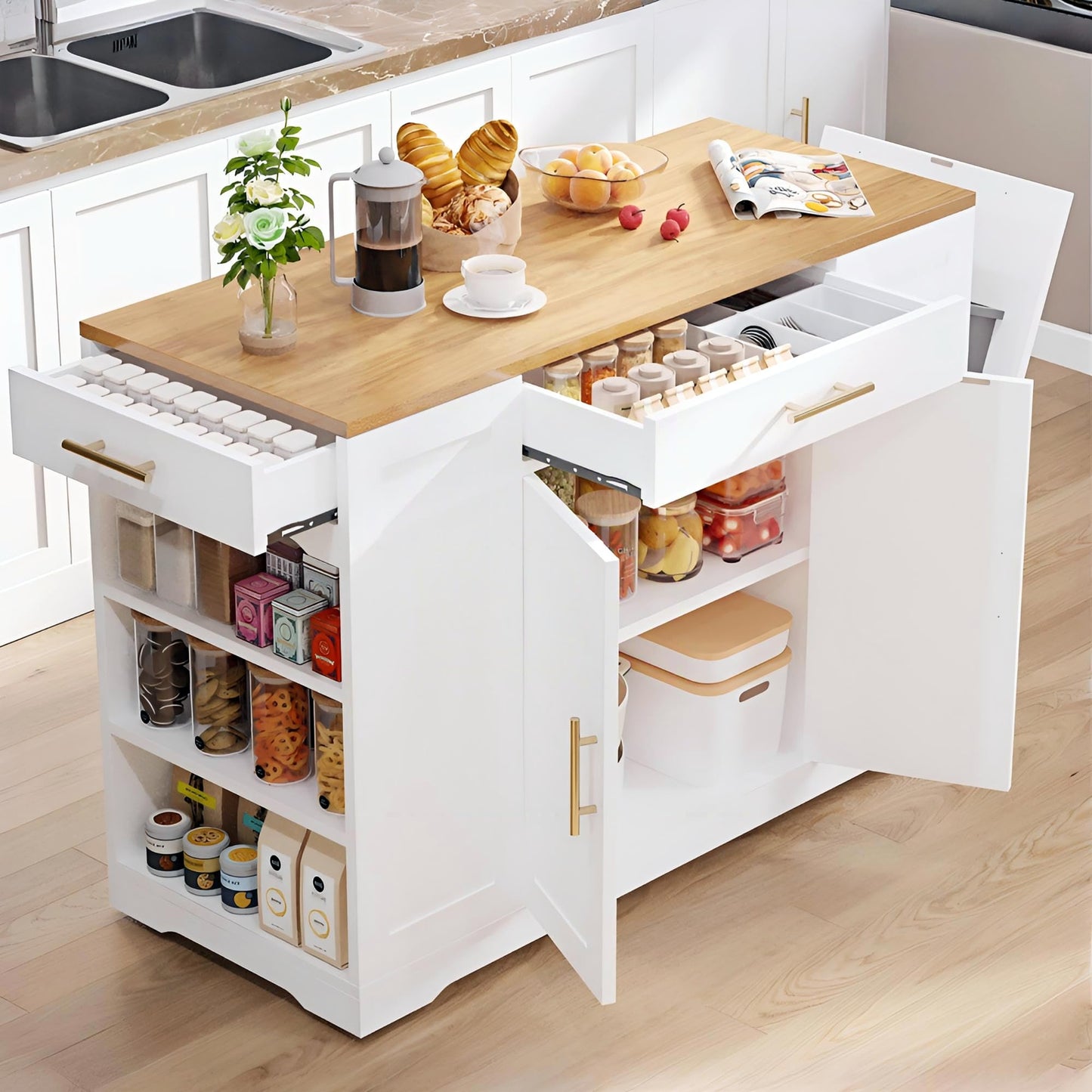YITAHOME 53 inch Large Rolling Kitchen Island with Trash Can Storage Cabinet, Portable Mobile Islands Table Long Floating Movable w Wheels Cabinet for 13 Gallon Garbage Bin 2 Drawer, White Oak
