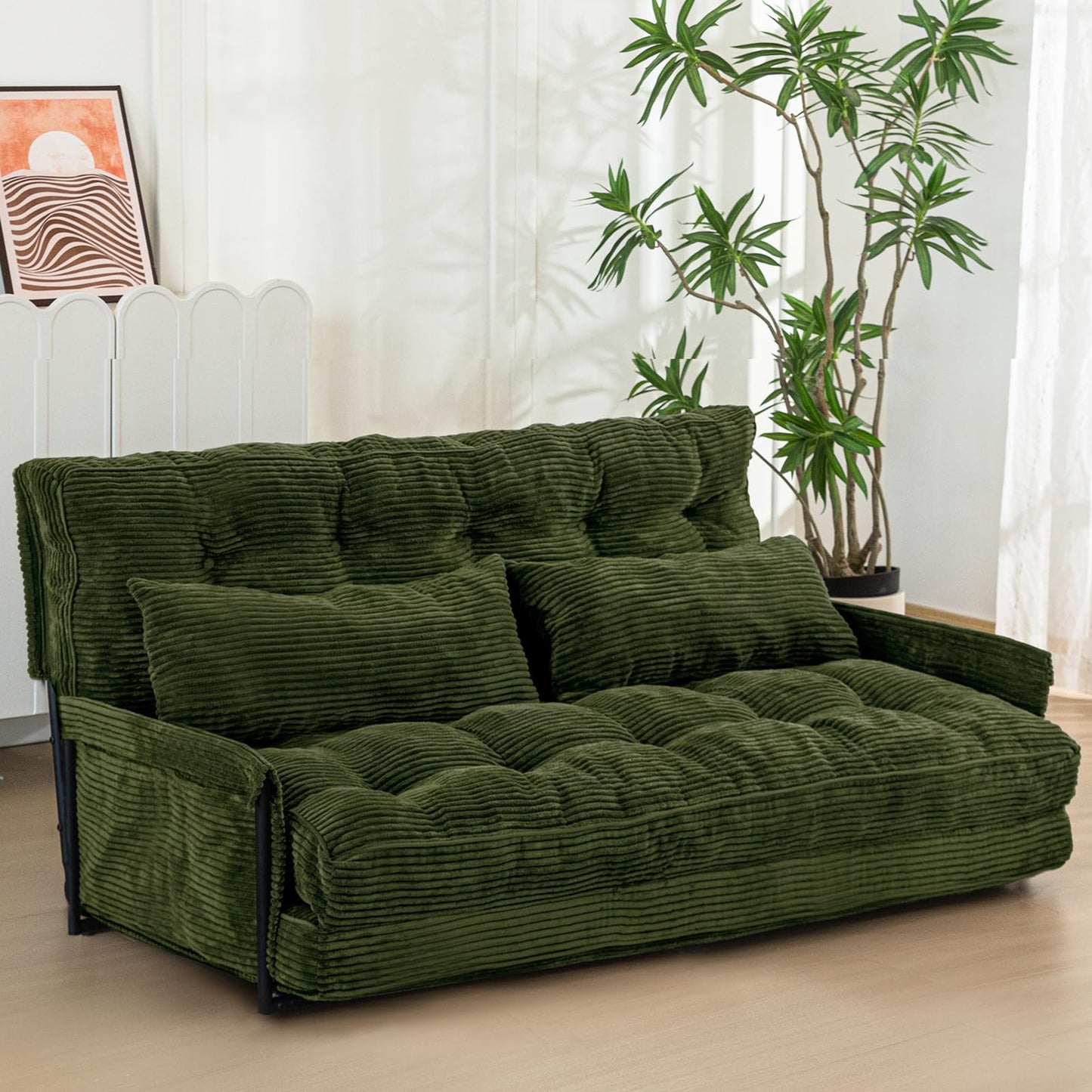 MAXYOYO Adjustable Floor Sofa Couch with 2 Pillows, Multi-Functional Bean Bag Bed, 5-Position Foldable Lazy Sofa Bed with Armrest, Versatile Floor Seating for Reading, Dark Green, Double