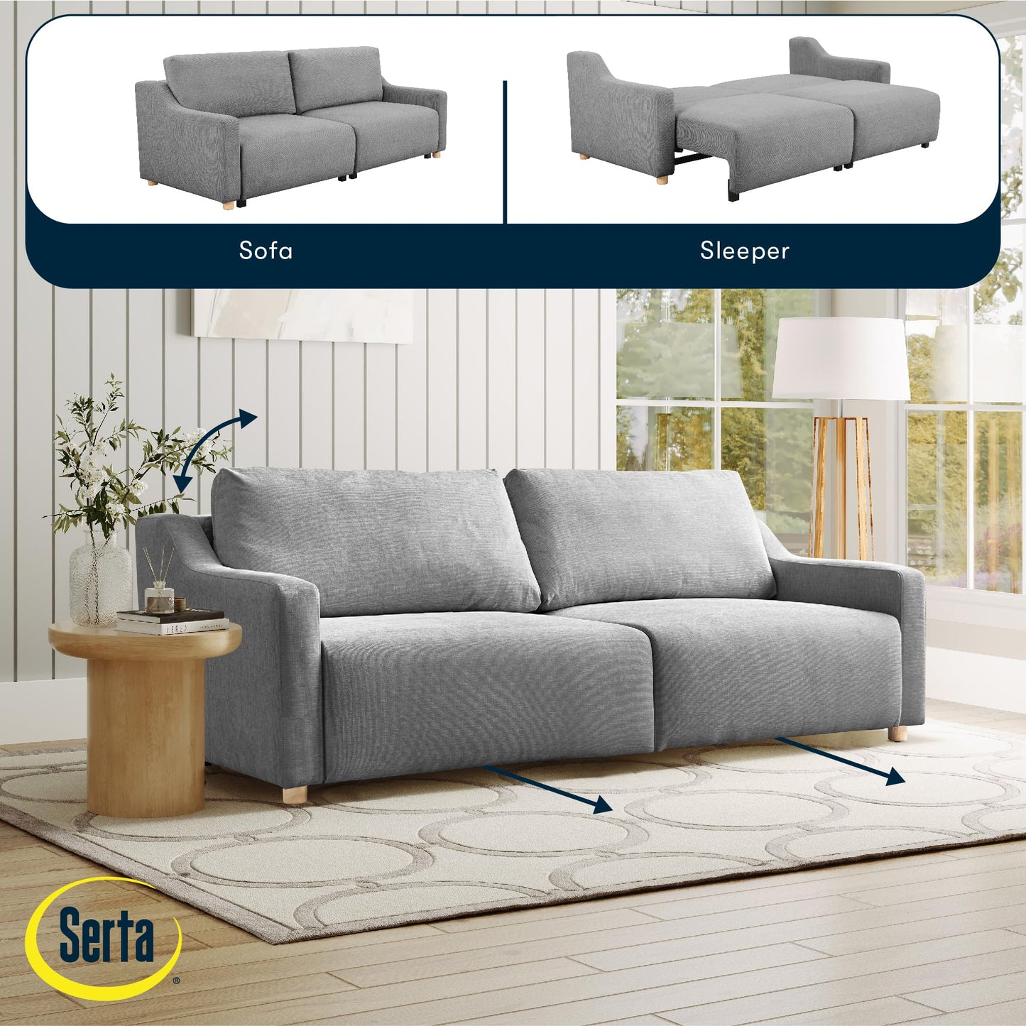 Serta Glendale 90.2" Queen Size Wall-Hugging Convertible Sofa, Dreamcoil Comfort, Chenille Fabric, Grey