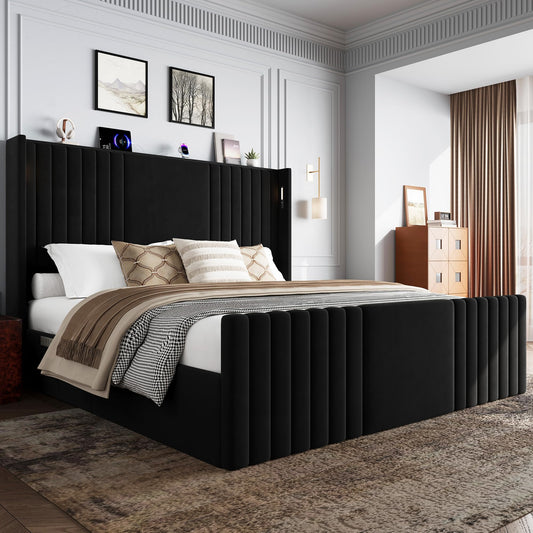 Uteeran King Size Bed Frame with 55.1" Tall Headboard, Velvet Upholstered Platform Bed with Channel Tufted Wingback, 2 Reading Lights/Storage Shelf/Charging Station/Easy Assembly/Noise-Free, Black