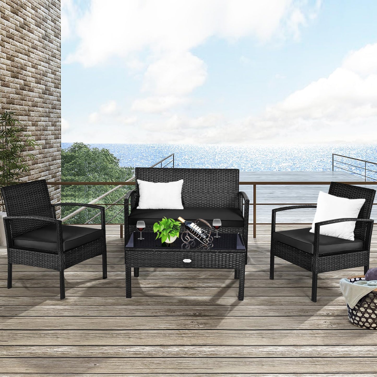 Tangkula 4 Pieces Wicker Patio Conversation Furniture Set, Outdoor Rattan Chair and Table Set, Patio Furniture Sets with Coffee Table & Washable Cushions for Courtyard Balcony Garden