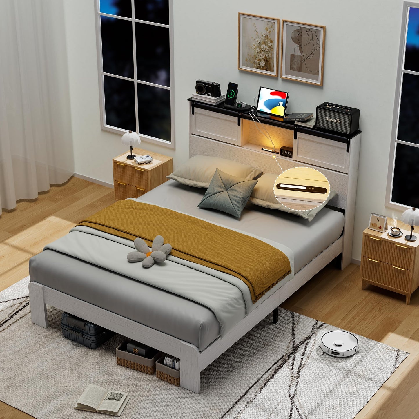 DNYN Farmhouse Platform Bed Frame with Storage Headboard and Dual USB Ports