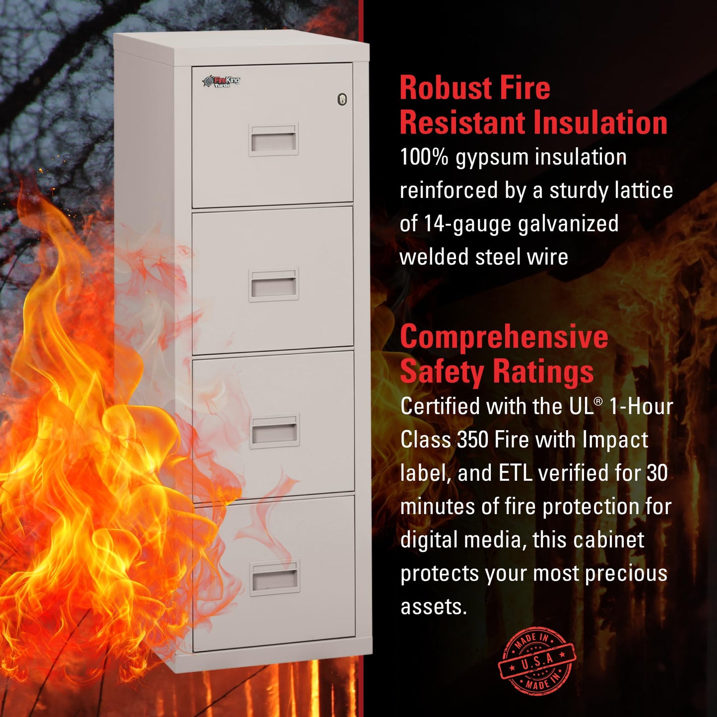FireKing Turtle Vertical 4 Drawer Legal and Letter Fire Safe File Cabinet with Key Lock, 1 Hour Fire Rated, UL Rated & Water Resistant Home Safe, Filing Cabinet, Made in The USA, Platinum