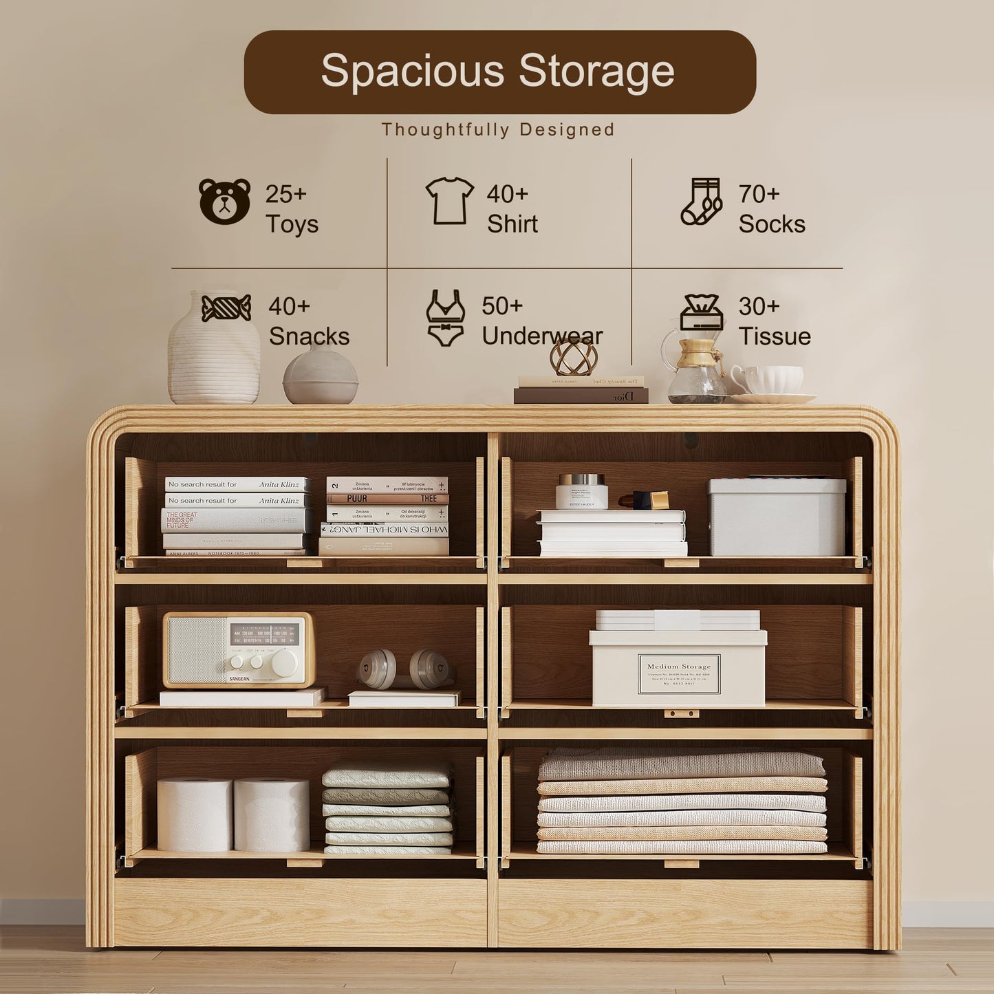 Decofy Fluted Drawers Dresser for Bedroom, Wood Dressers with Gold Handles, Modern Dressers with Wave Texture, Large Storage Chest of Drawers, Bedroom Dresser Organizer 47'' & 6 Drawers (Natural Oak)