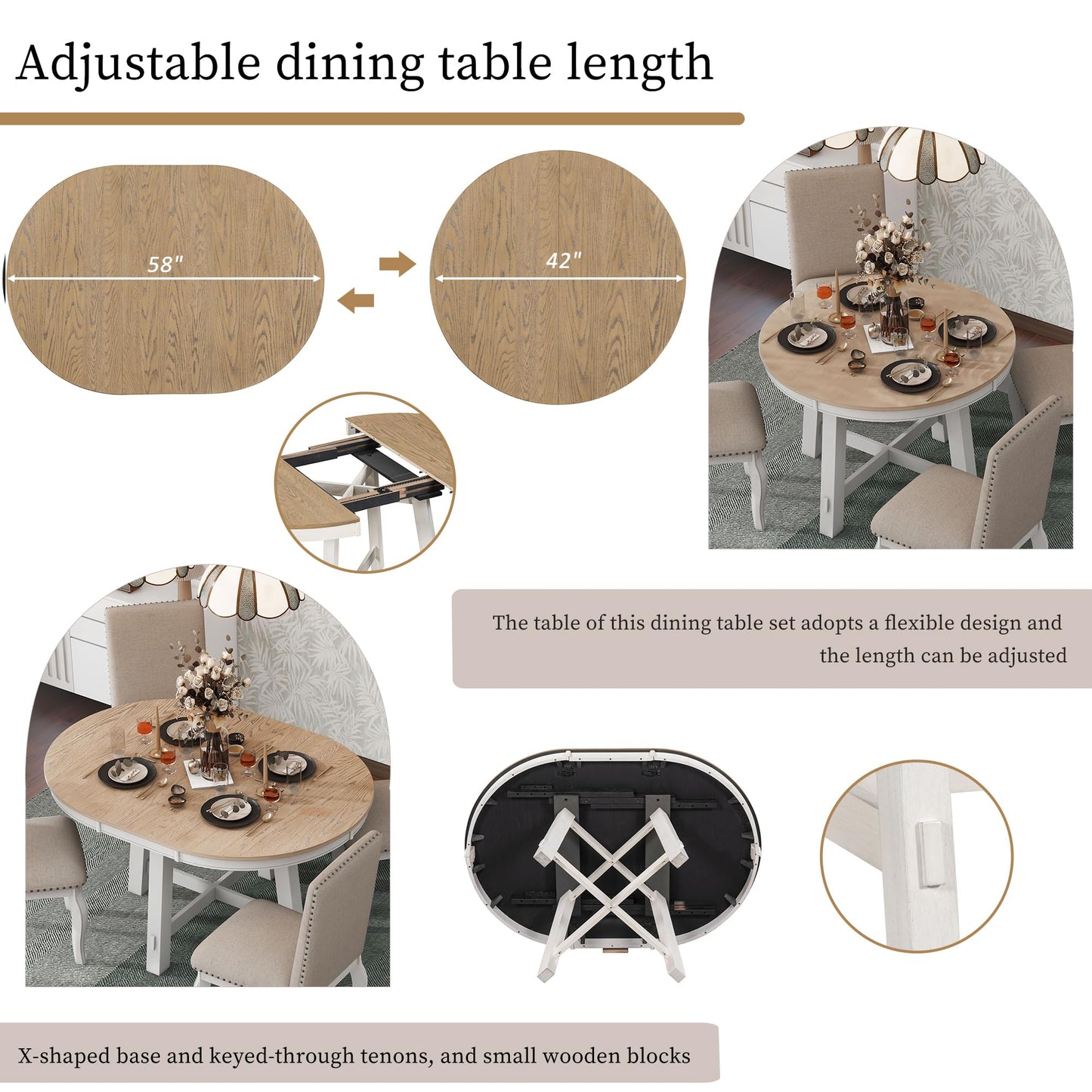 GDFStudio 42"-58" Farmhouse Extendable Dining Table for 4-6, Solid Wood Round Dining Table with 16" Leaf & X-Shaped Base, Kitchen & Dining Room Table, Space Saving, Oak Natural Wood+Antique White