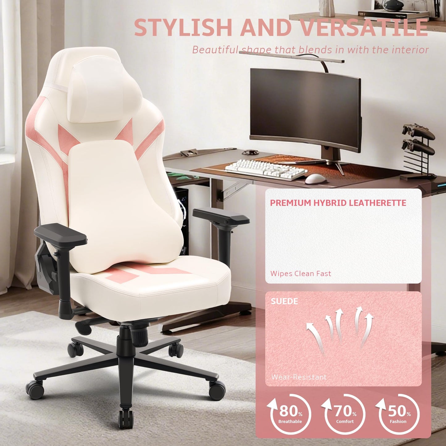 Wyrdforging Ergonomic Gaming Chair, Computer Desk Chairs, 4D Armrests, High Back Office Chair with Headrest & Lumbar Pillow, Tilt Rocker Recliner, Heavy-Duty Base, White PU Leather & Pink Suede Comb