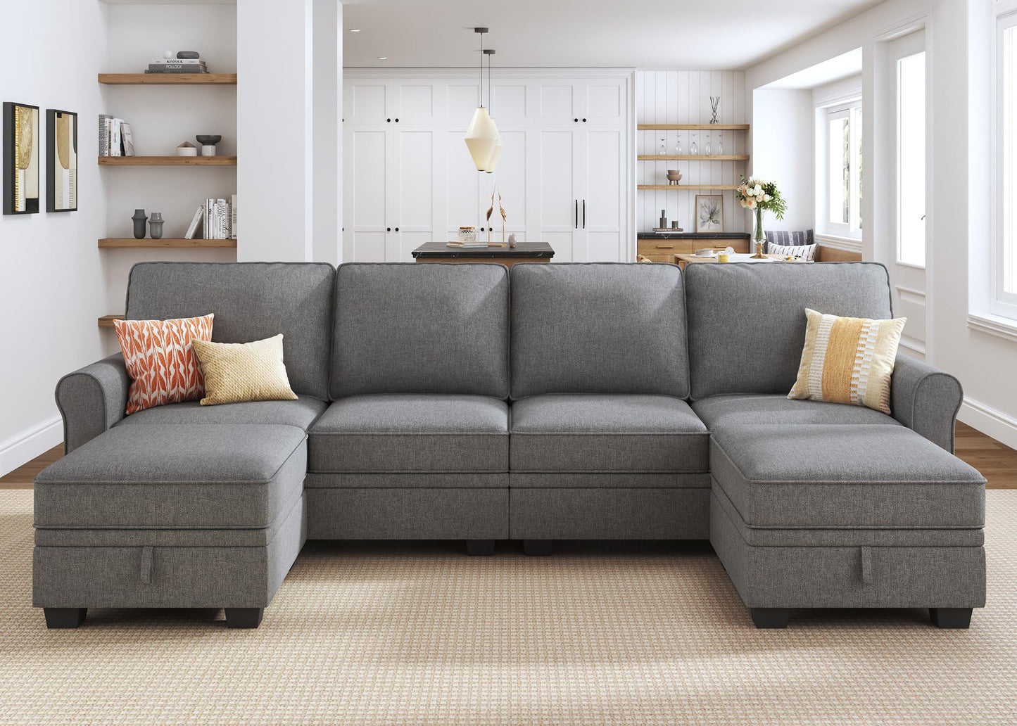 HONBAY Convertible Sectional Sofa with Storage U Shaped Sectional Couch with Reversible Chaise Small Sectional Couches for Living Room,Grey