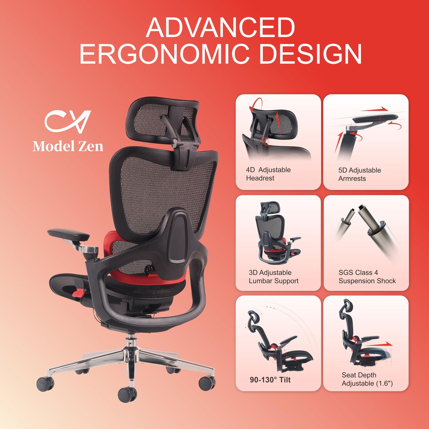 chirvana Ergonomic Office Chair, Big and Tall Mesh Computer Gaming Chair with Adaptive Lumbar Support, Work Chair with Headrest, 5D Armrest,90-130°Tilt, BIFMA Certified, Model Zen (Red)
