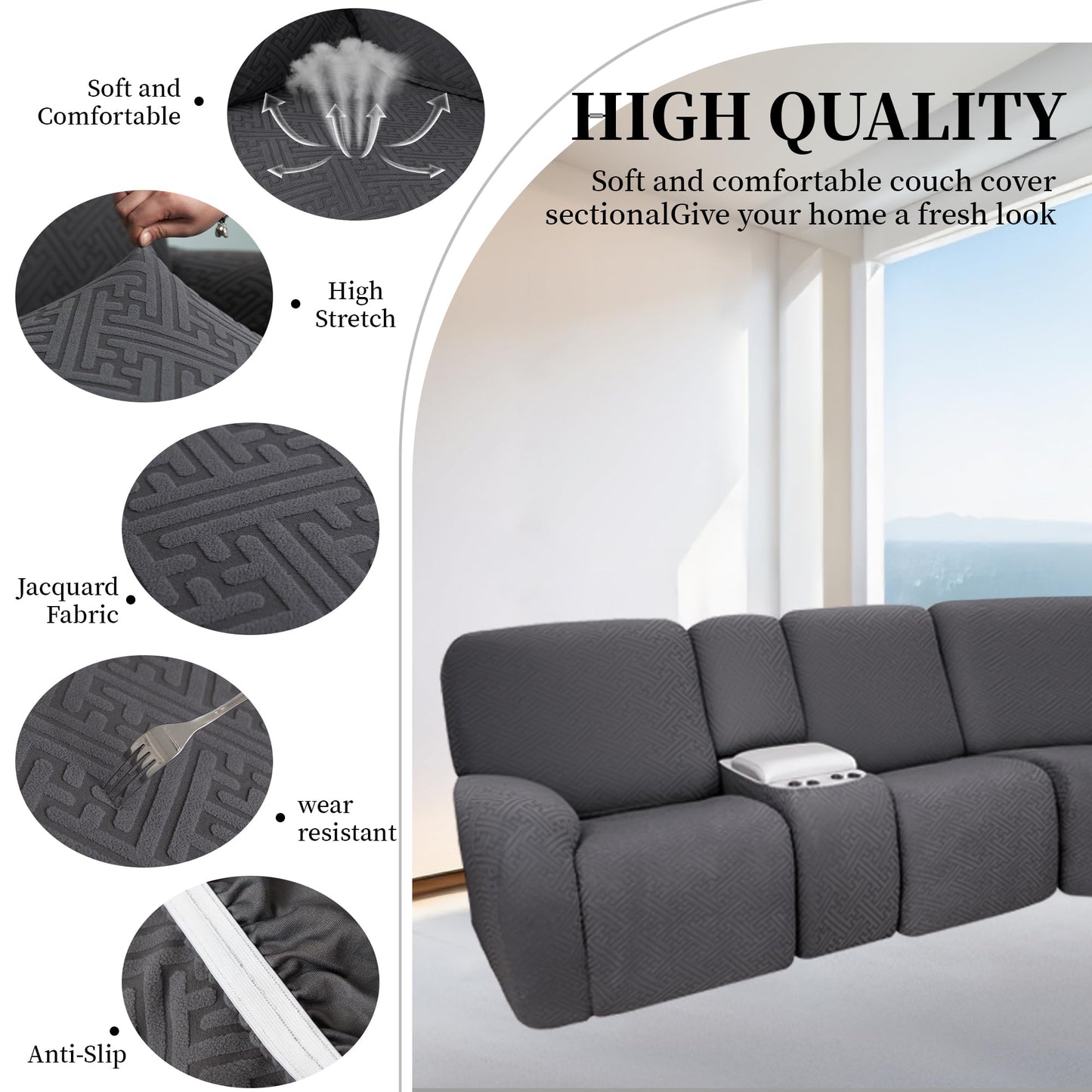 ROFASVCO 100% Waterproof Sectional Recliner Couch Covers for Reclining Couch L Shaped Corner Sectional Sofa Cover Jacquard Stretch L Shape Recliner Slipcovers (5 Seater 2 Console Cover, Deep Grey)