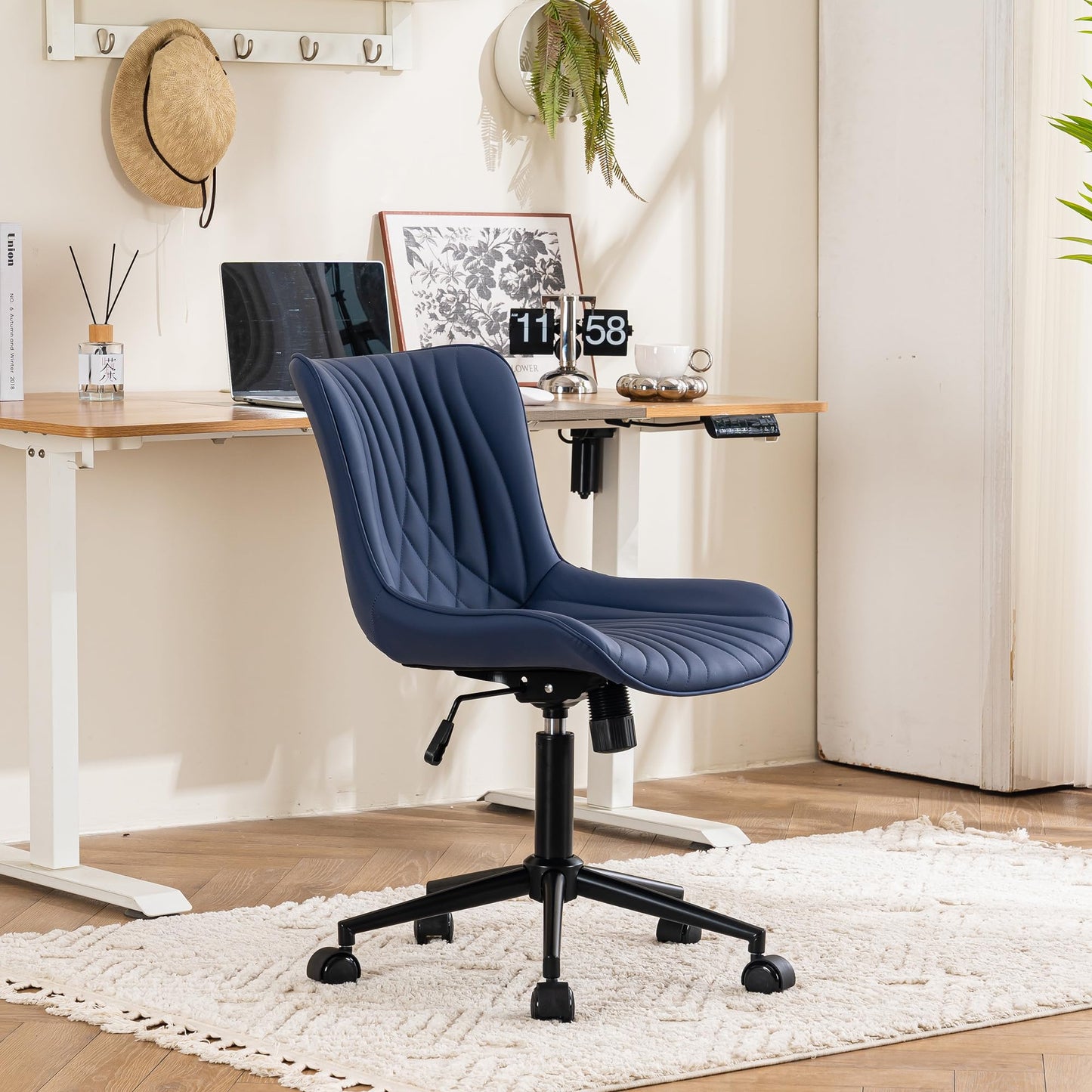 YOUTASTE Navy Blue Office Chair, Faux Leather Armless Desk Chair with Wheels, Height Adjustable, Swivel, Rocking, 300 lbs Capacity, Metal Base, for Home Office Vanity, Purple